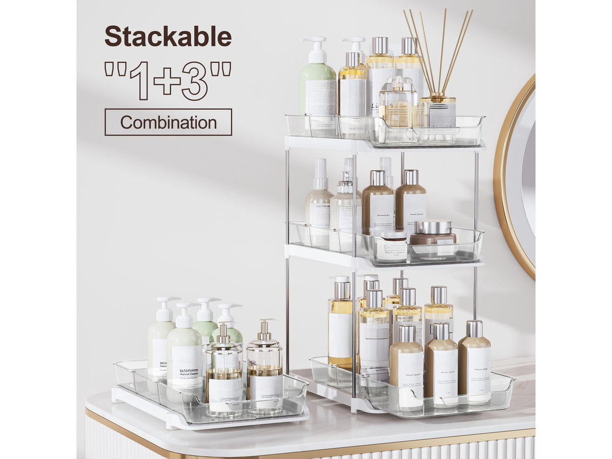 2-Tier Multi-Purpose Bathroom Under Sink Organizers and Storage, Stackable Kitchen Pantry Organization, Pull Out Medicine Cabinet Organizer with Movable Dividers, White, 4Pack