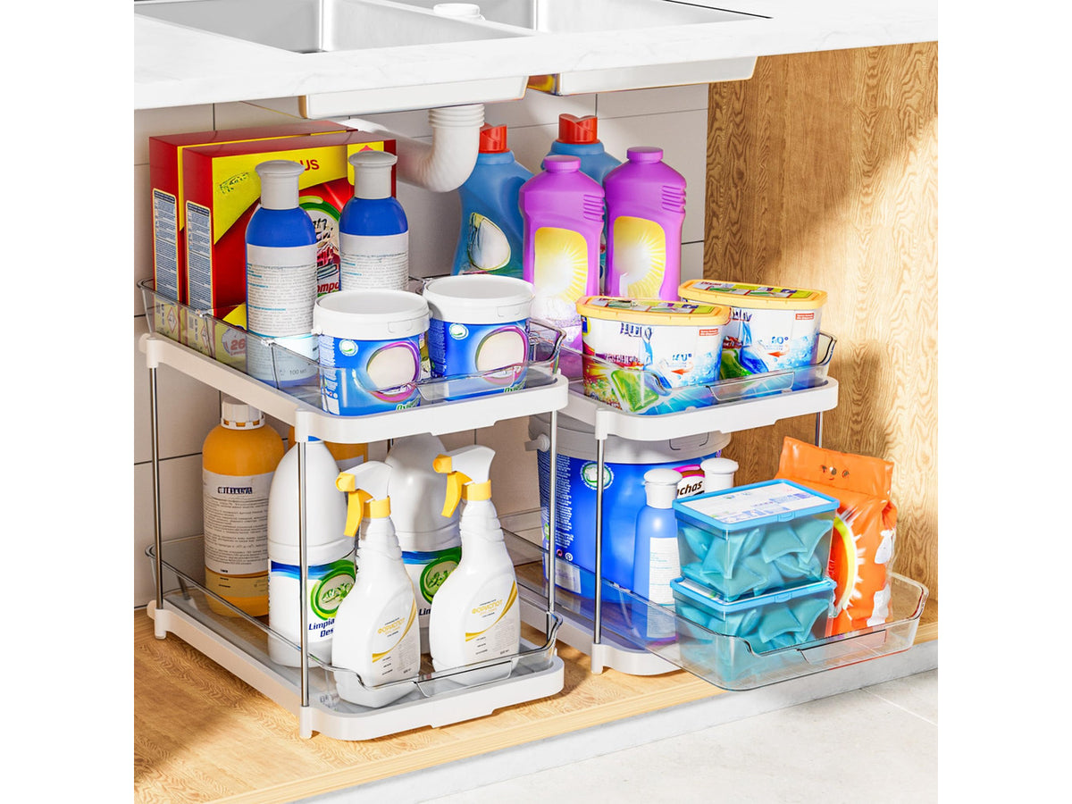 2-Tier Multi-Purpose Bathroom Under Sink Organizers and Storage, Stackable Kitchen Pantry Organization, Pull Out Medicine Cabinet Organizer with Movable Dividers, White, 4Pack