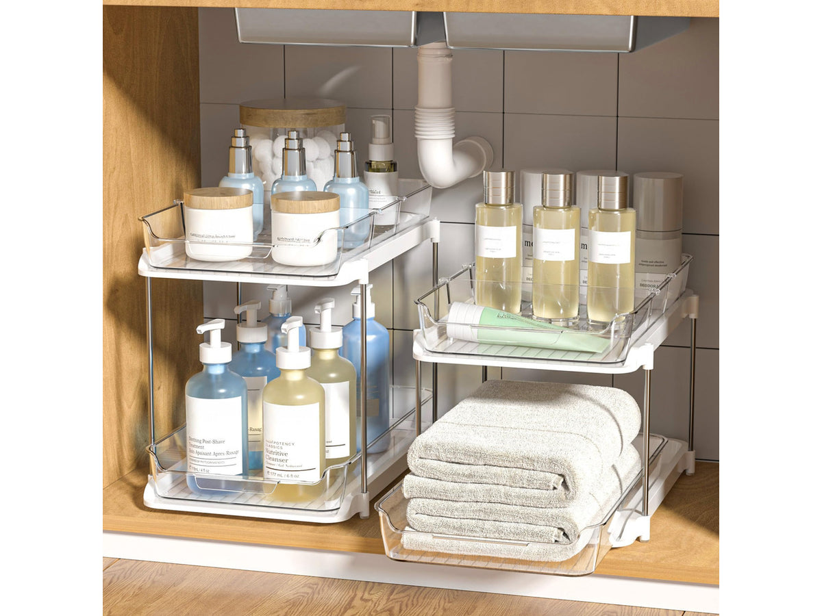 2-Tier Multi-Purpose Bathroom Under Sink Organizers and Storage, Stackable Kitchen Pantry Organization, Pull Out Medicine Cabinet Organizer with Movable Dividers, White, 4Pack