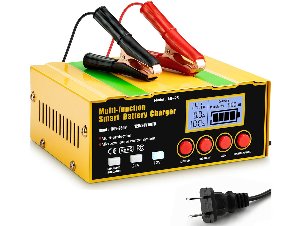 12-Amp Smart Battery Charger,Lithium,Lead-Acid(AGM/Gel/SLA) Pulse Repair Car Battery Charger,Trickle Charger,Maintainer/Deep Cycle Charger,12V/10A | 24V/7.5A for Automotive,Boat,Motorcycle,Lawn Mower