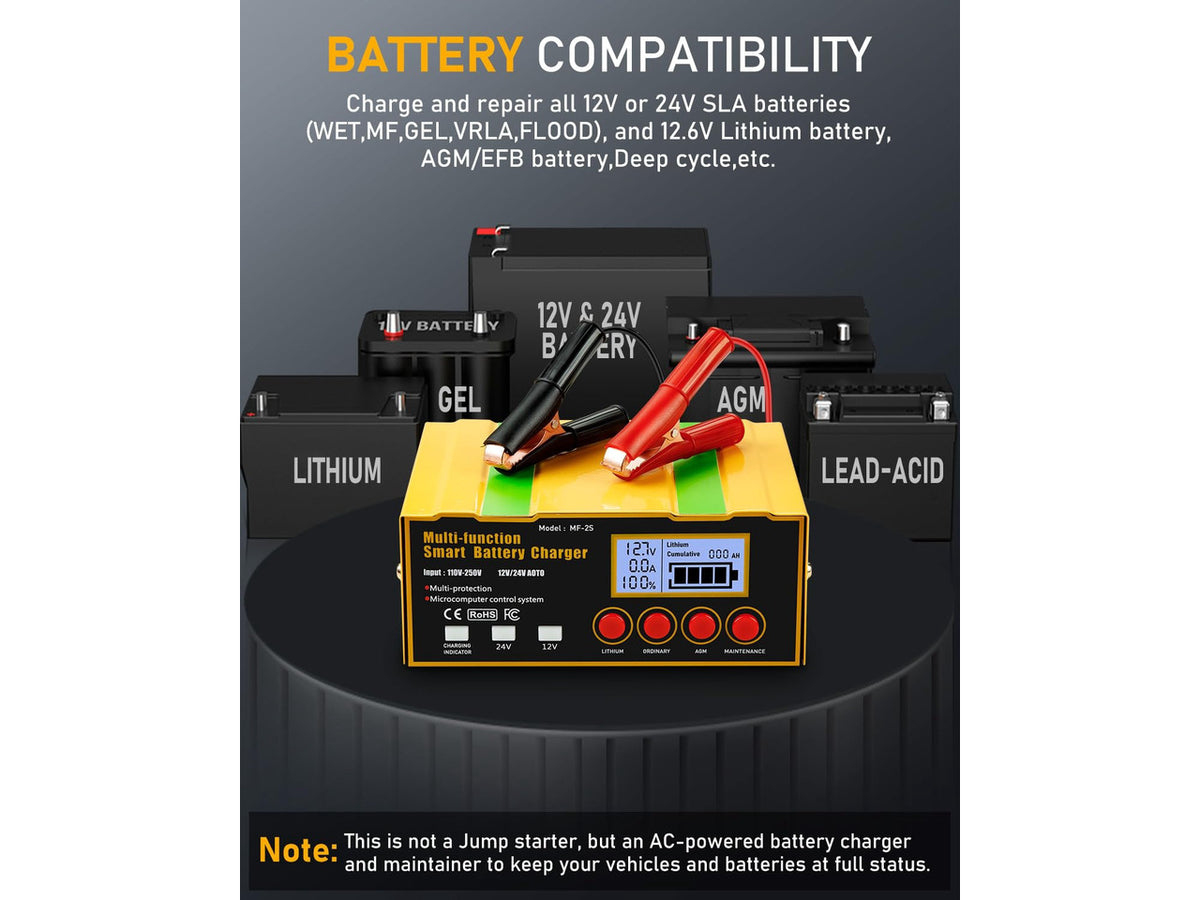 12-Amp Smart Battery Charger,Lithium,Lead-Acid(AGM/Gel/SLA) Pulse Repair Car Battery Charger,Trickle Charger,Maintainer/Deep Cycle Charger,12V/10A | 24V/7.5A for Automotive,Boat,Motorcycle,Lawn Mower