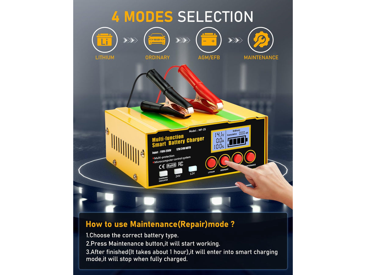 12-Amp Smart Battery Charger,Lithium,Lead-Acid(AGM/Gel/SLA) Pulse Repair Car Battery Charger,Trickle Charger,Maintainer/Deep Cycle Charger,12V/10A | 24V/7.5A for Automotive,Boat,Motorcycle,Lawn Mower