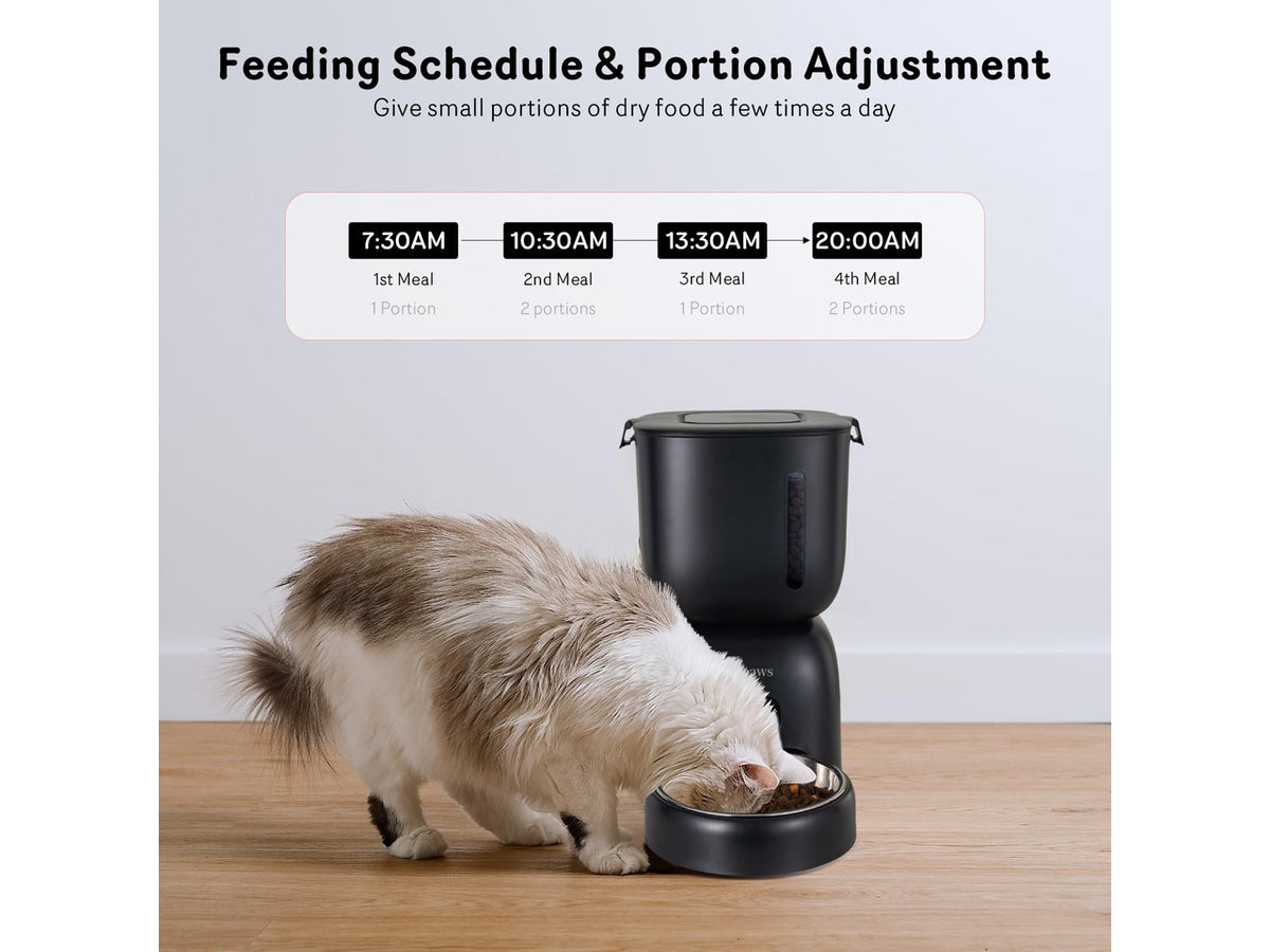 Automatic Cat Feeder and Water Dispenser FW1, Wire or Battery Cat Food Dispenser Timer Pet Feeder - Locking Lid, Desiccant Bag, Programmable Portion Control, 4 Daily Meals, 10s Voice Recorder