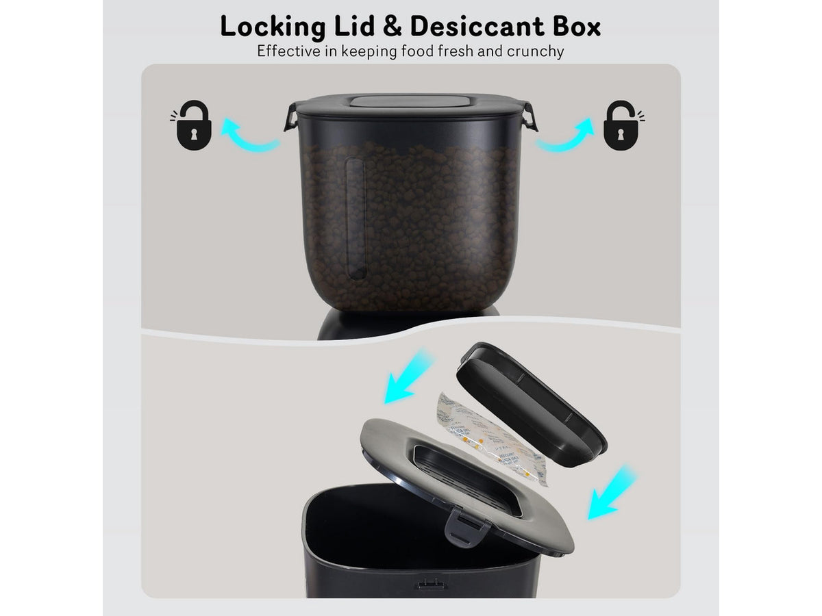 Automatic Cat Feeder and Water Dispenser FW1, Wire or Battery Cat Food Dispenser Timer Pet Feeder - Locking Lid, Desiccant Bag, Programmable Portion Control, 4 Daily Meals, 10s Voice Recorder