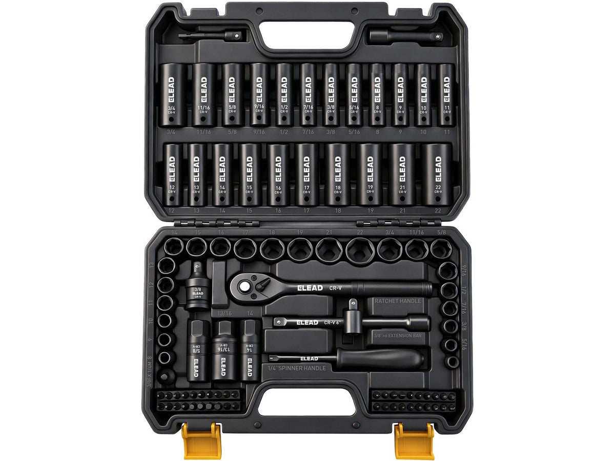 96-Piece 3/8" Drive Impact Socket Set, SAE(5/16 to 3/4-Inch) & Metric(8-22mm), Standard & Deep Sockets, Ratchet Handle, Bit Set, Universal Joint, Extension Bar, Adapters, Spark Plug Sockets