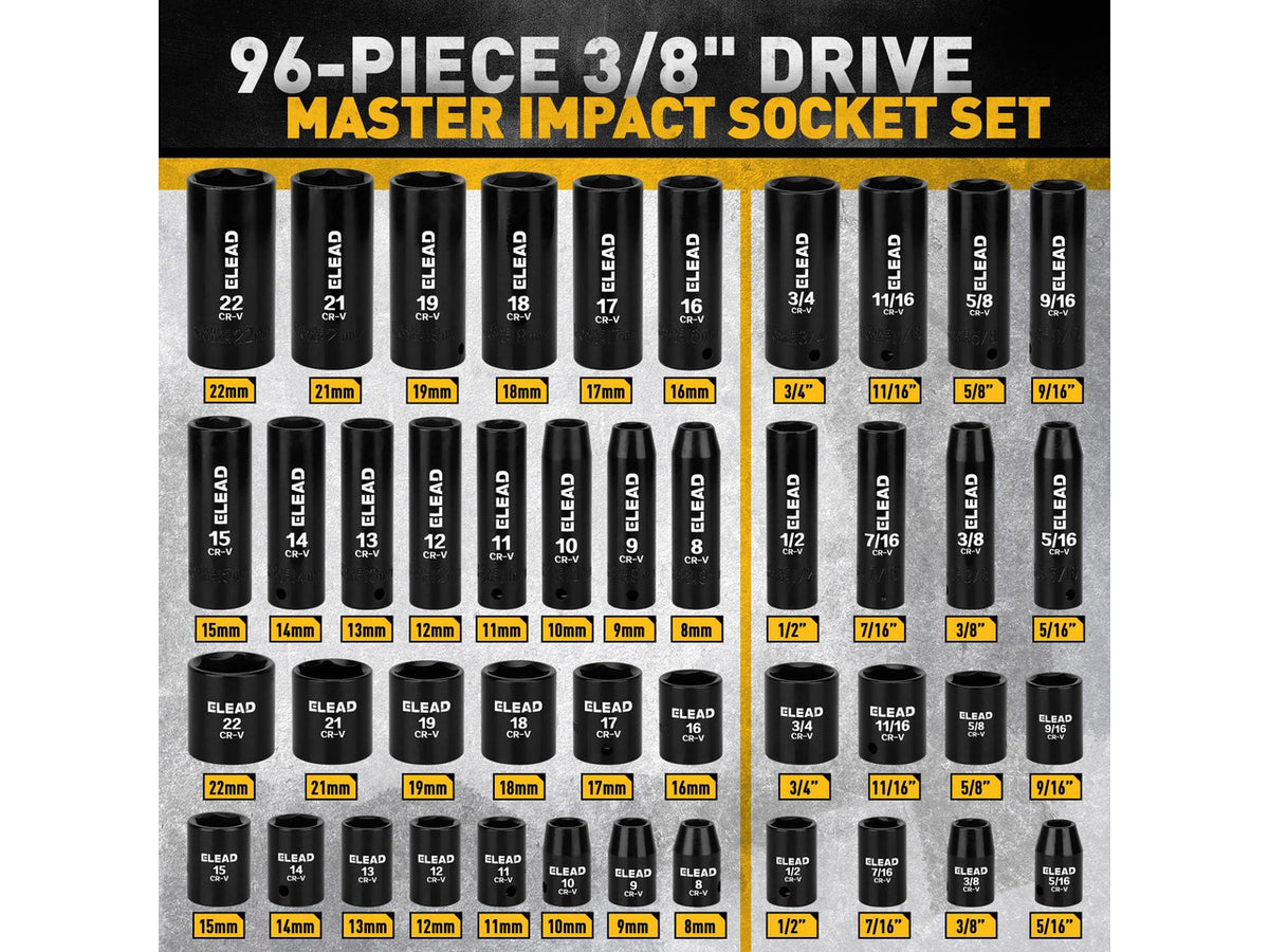 96-Piece 3/8" Drive Impact Socket Set, SAE(5/16 to 3/4-Inch) & Metric(8-22mm), Standard & Deep Sockets, Ratchet Handle, Bit Set, Universal Joint, Extension Bar, Adapters, Spark Plug Sockets