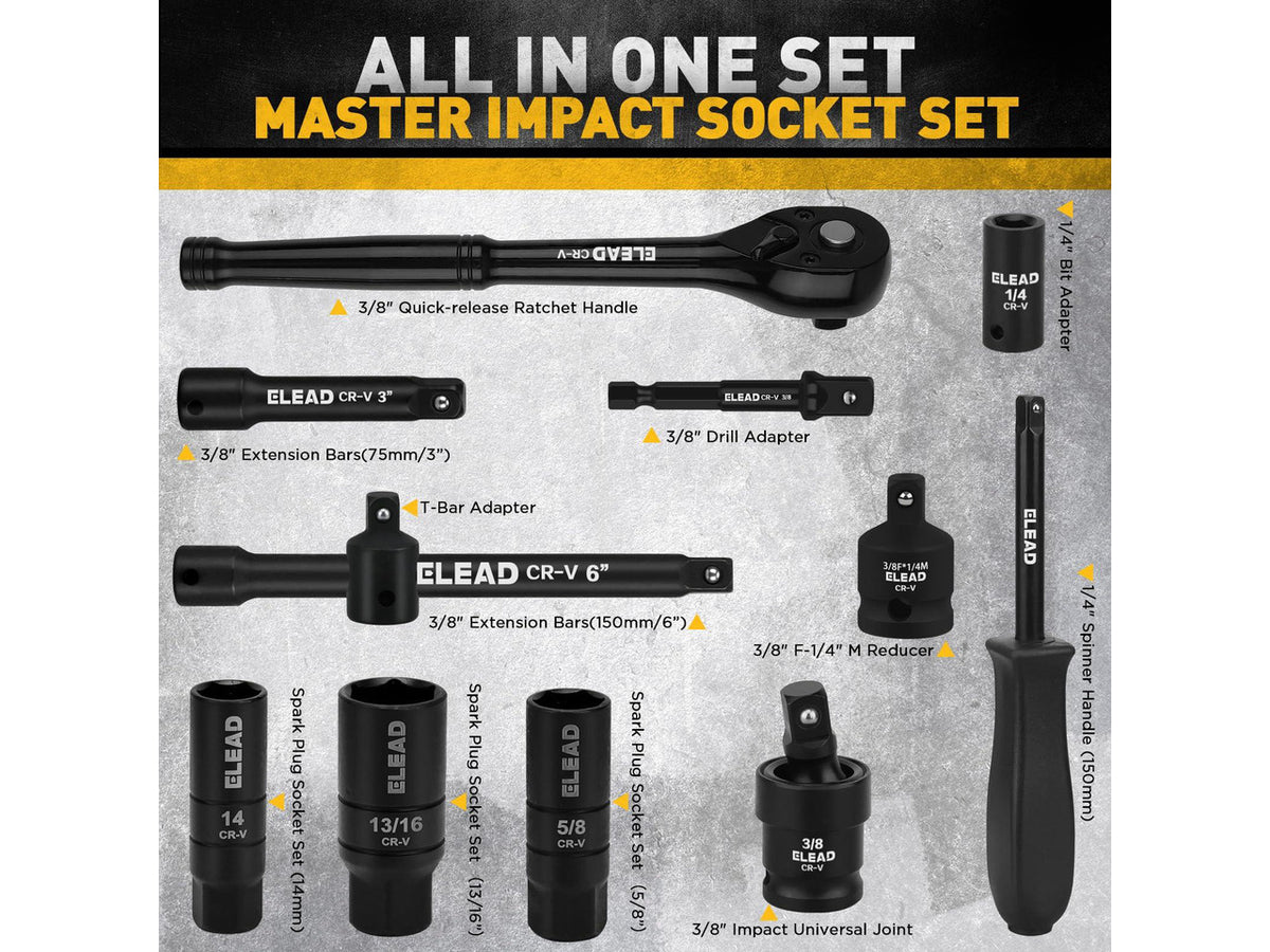 96-Piece 3/8" Drive Impact Socket Set, SAE(5/16 to 3/4-Inch) & Metric(8-22mm), Standard & Deep Sockets, Ratchet Handle, Bit Set, Universal Joint, Extension Bar, Adapters, Spark Plug Sockets