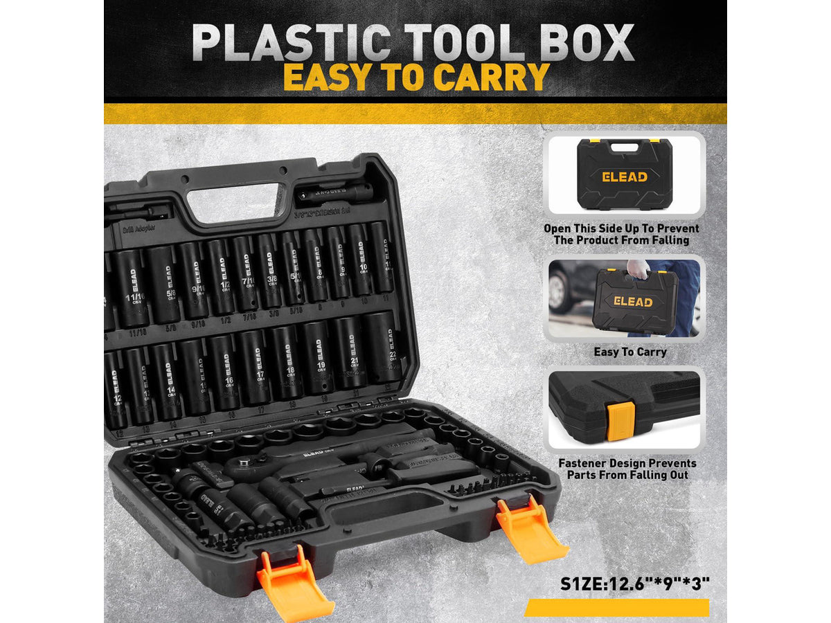 96-Piece 3/8" Drive Impact Socket Set, SAE(5/16 to 3/4-Inch) & Metric(8-22mm), Standard & Deep Sockets, Ratchet Handle, Bit Set, Universal Joint, Extension Bar, Adapters, Spark Plug Sockets