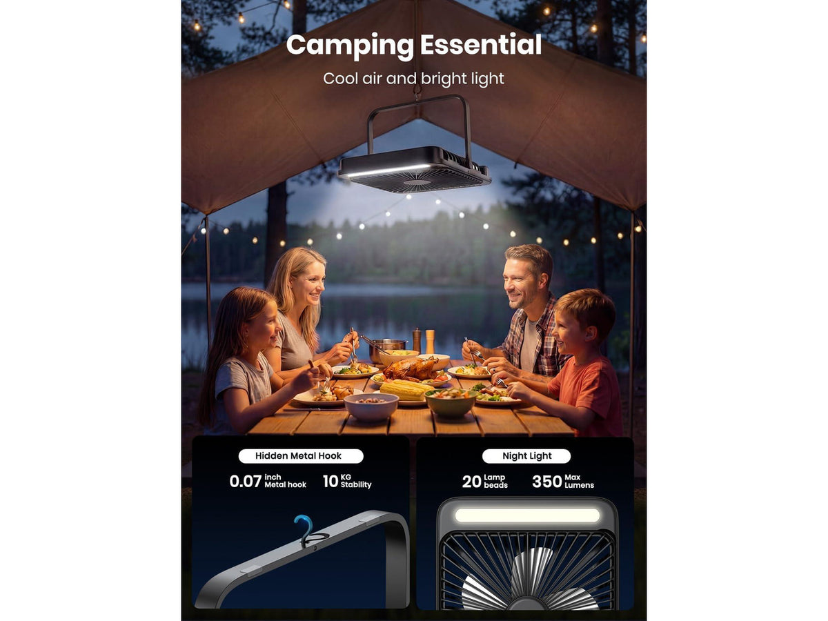 20000mAh Battery Powered Fan, Ultra-Slim 8-Inch Portable Camping Fan with LED Lantern, Up to 48H Runtime Rechargeable Desk Fan for Bedroom, Outdoor, Tent, Travel, Cruise Ship Essentials