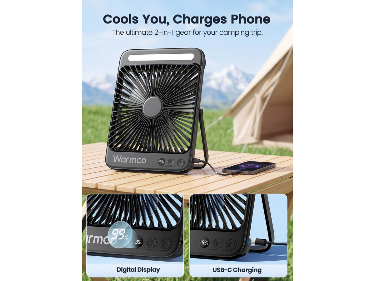 20000mAh Battery Powered Fan, Ultra-Slim 8-Inch Portable Camping Fan with LED Lantern, Up to 48H Runtime Rechargeable Desk Fan for Bedroom, Outdoor, Tent, Travel, Cruise Ship Essentials