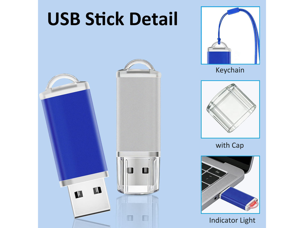 2GB USB Flash Drive 20 Pack Nicepicten Bulk Fat Flash Drives USB 2.0 Thumb Drives Jump Zip Drive USB Memory Stick with Lanyards - 2GB Blue