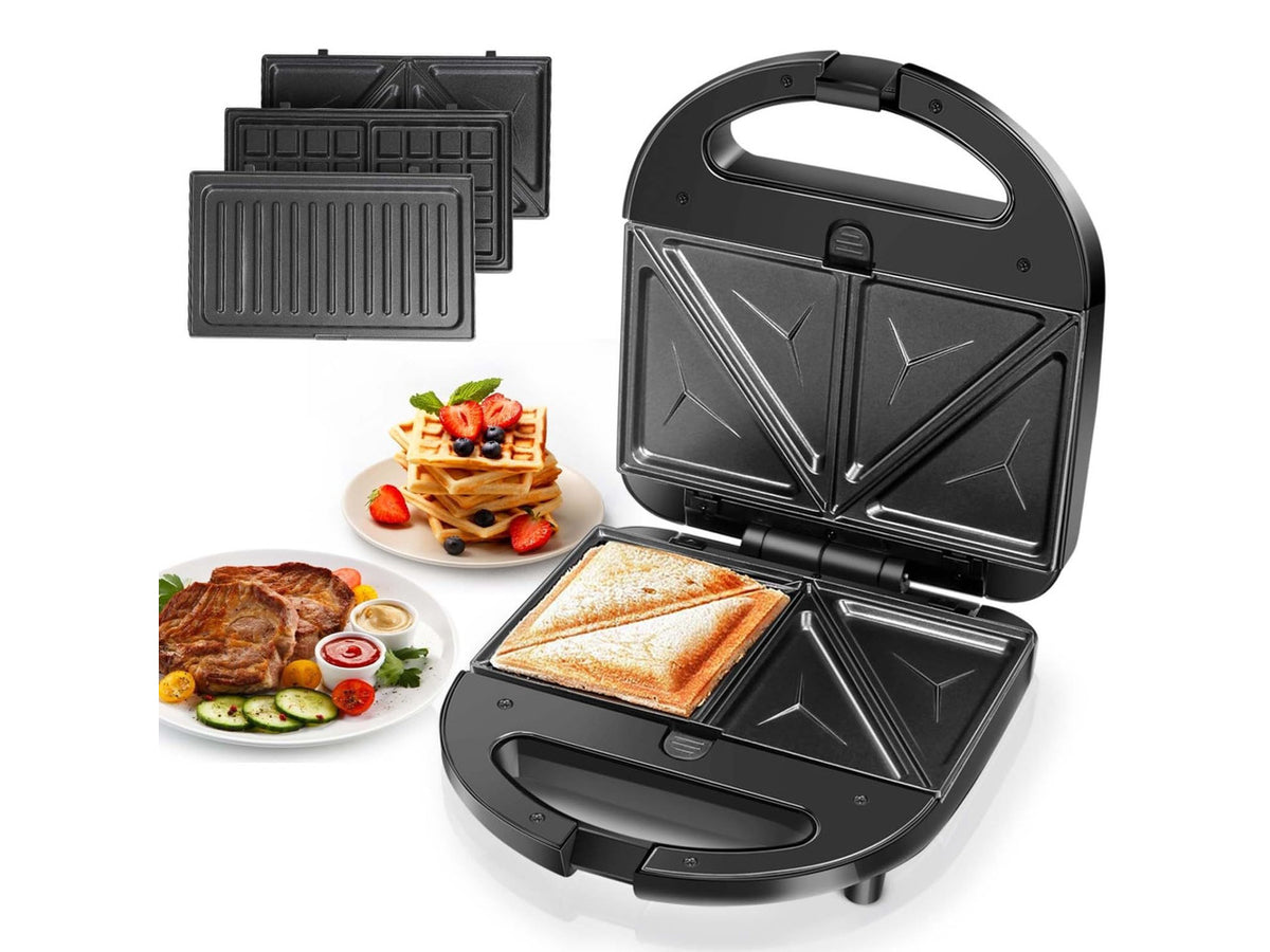 3 in 1 Electirc Sandwich Maker with Removable Non-stick Plates | Panini Press Grill, Electric Grilled Cheese Maker, Portable Cool Touch Handle, Led Indicator & Easy to Clean, 750W, Black