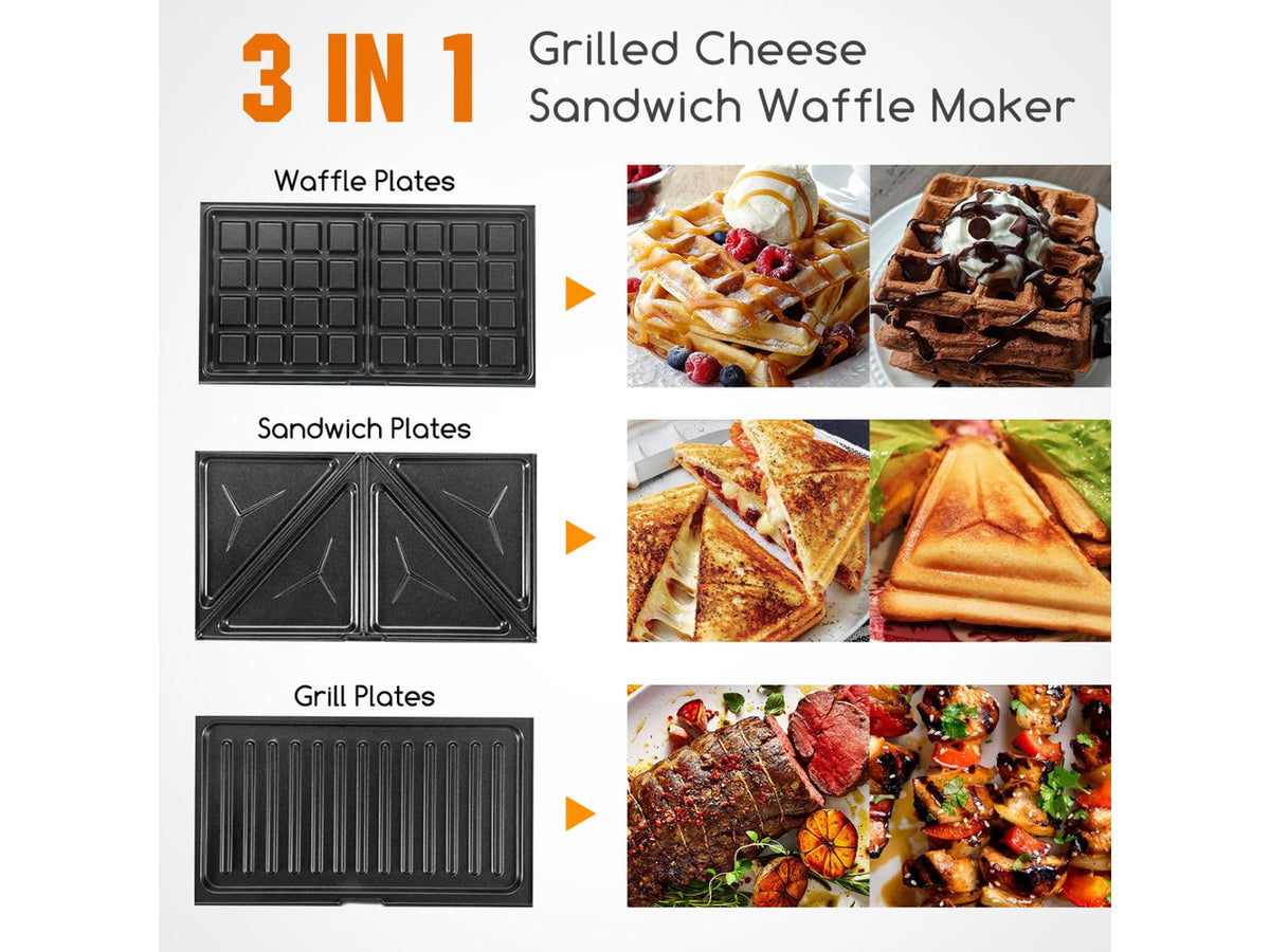 3 in 1 Electirc Sandwich Maker with Removable Non-stick Plates | Panini Press Grill, Electric Grilled Cheese Maker, Portable Cool Touch Handle, Led Indicator & Easy to Clean, 750W, Black