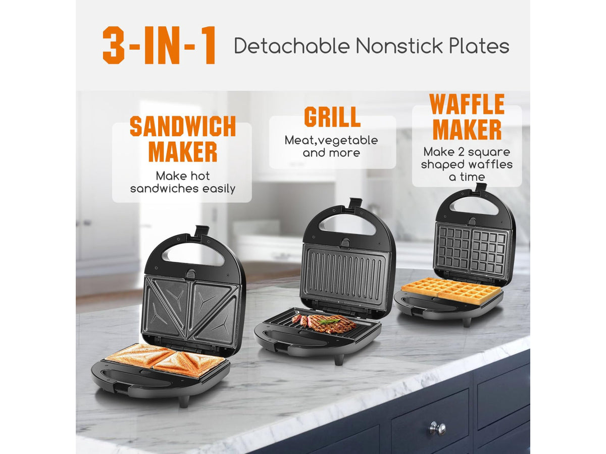 3 in 1 Electirc Sandwich Maker with Removable Non-stick Plates | Panini Press Grill, Electric Grilled Cheese Maker, Portable Cool Touch Handle, Led Indicator & Easy to Clean, 750W, Black
