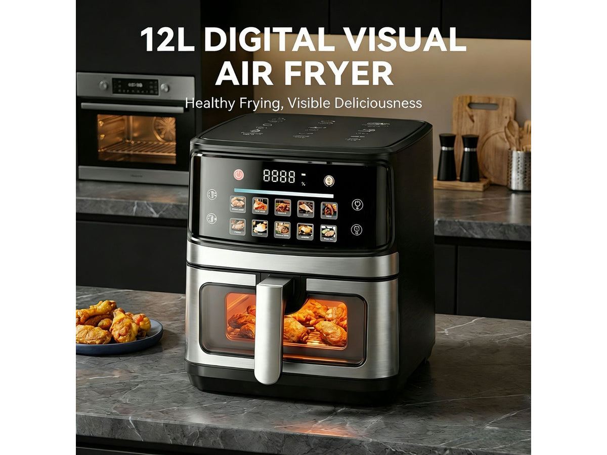 12L Visual Air Fryer, 1400W Digital Air Fryer with Viewing Window, 12 Preset Menus, 360° Hot Air Circulation, Removable Nonstick Basket, Family Size Countertop Air Fryer Aenaeder