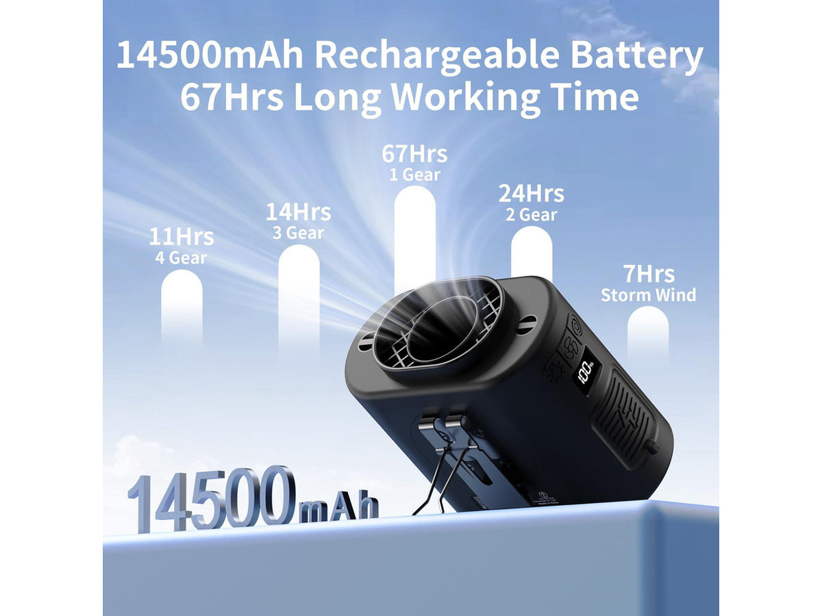 14500mAh Portable Waist Fan Clip on Belt 360 Rotation Wearable Rechargeable Personal Shirt Fan, 67H Cooling 5-Speed Battery Operated with Light, Neck Fan Hands-Free for Outdoor Jobsite Camping