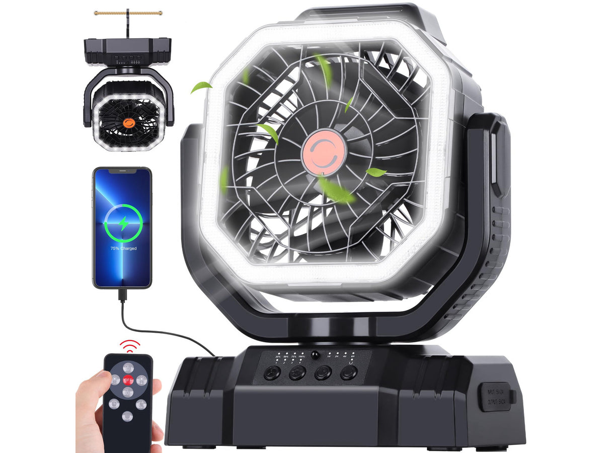 20000mAh High Speed Portable Camping Rechargeable Fan with Remote Control, Battery Powered with Auto Oscillating with Camping Essentials Accessories for Outdoor, Beach, Patio, Tent, Black
