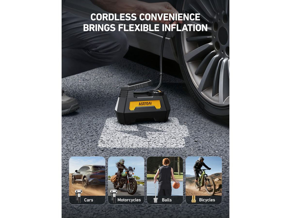 H2 Pro Cordless Tire Inflator Portable Air Compressor 12VDC Battery | Dual Power Supply Auto Shut-Off Digital Pressure Gauge Fast Inflation Air Pump for Cars Motorcycles Bikes Ball Gift Yellow