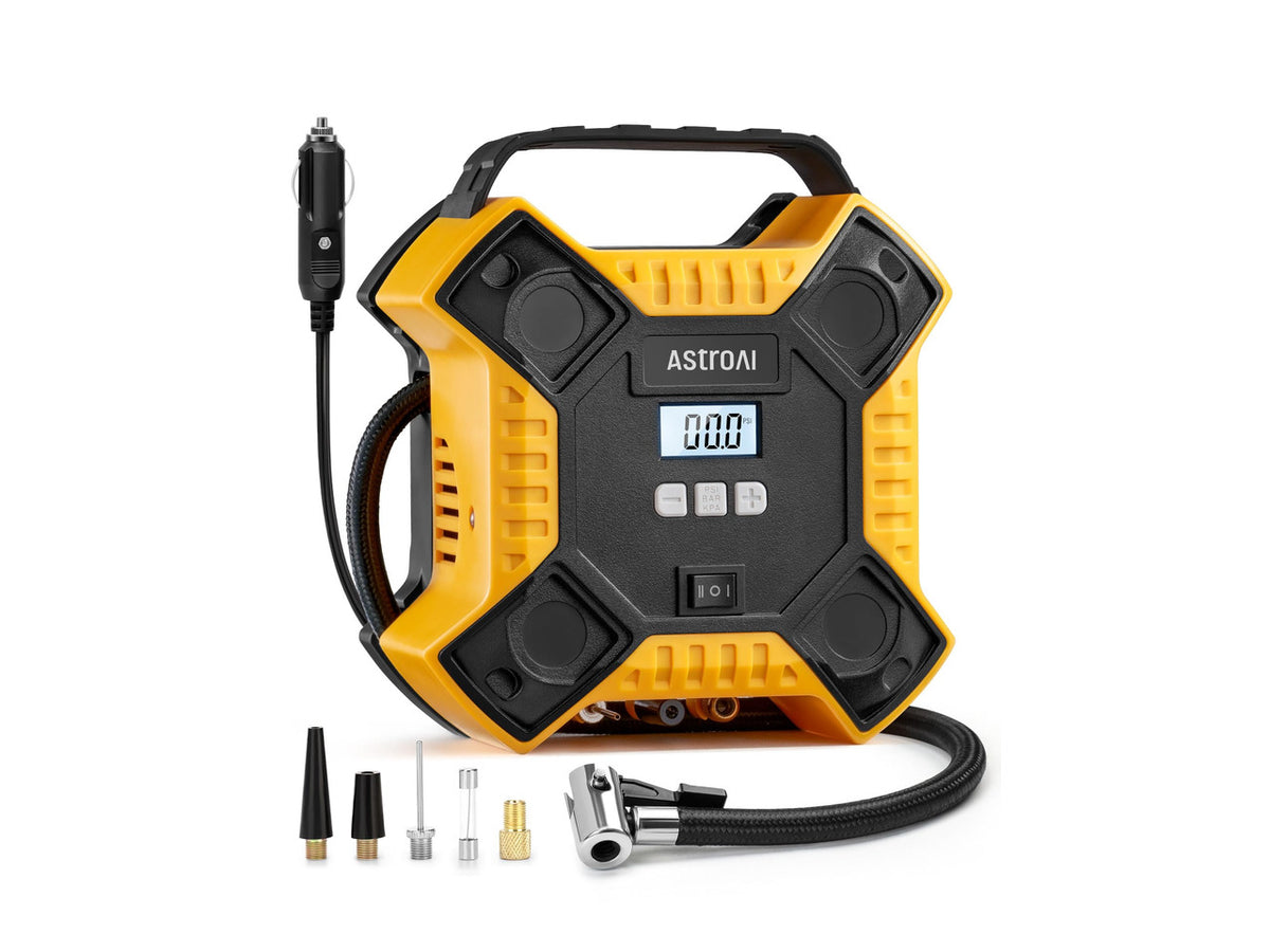 160PSI Tire Inflator Portable Air Compressor 12V DC Metal Cylinder | Auto Shut-Off 10Ft Cord LED Light Fast Inflation Air Pump for Car Tires, Bicycles, Motorcycles and Other Inflatables(Yellow)