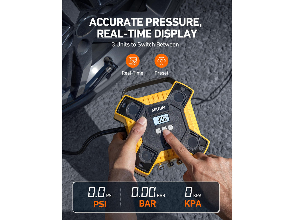 160PSI Tire Inflator Portable Air Compressor 12V DC Metal Cylinder | Auto Shut-Off 10Ft Cord LED Light Fast Inflation Air Pump for Car Tires, Bicycles, Motorcycles and Other Inflatables(Yellow)