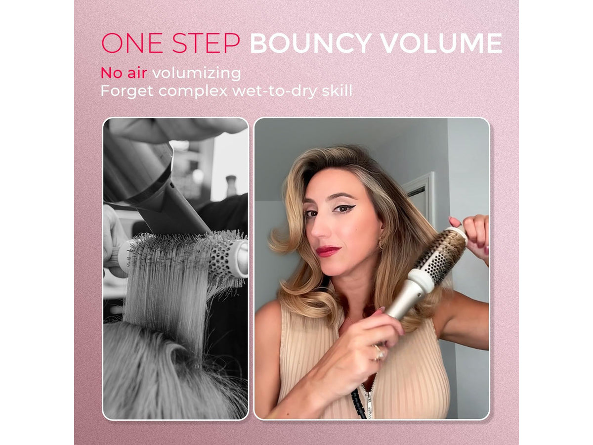 2.0 Thermal Brush Curling Brush - STYLUX 1.7" Blowout Volumizer with Flexi-Fit for Hair Straightening, Heated Round Styler Tool, Hair Straightener and Curler 2 in 1, Dual Voltage & Light, Gold