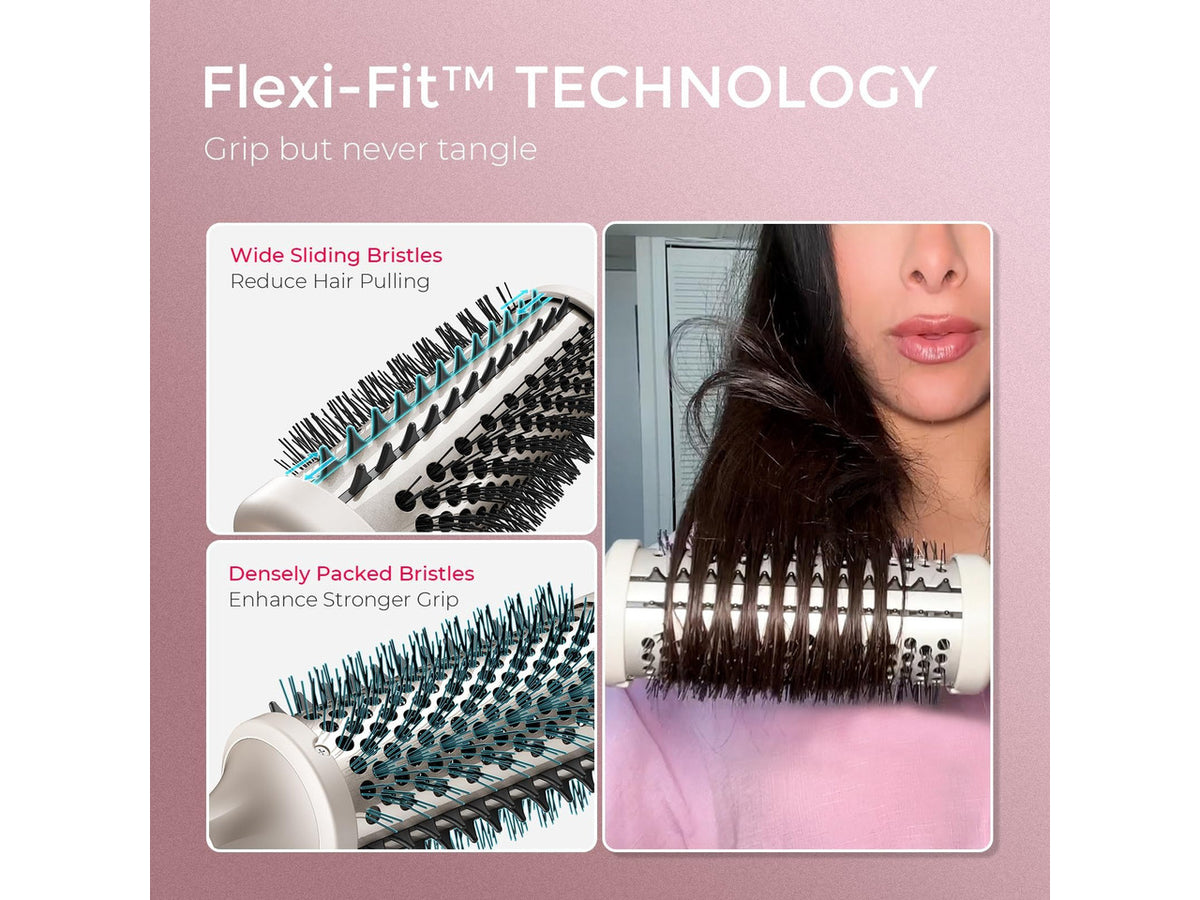 2.0 Thermal Brush Curling Brush - STYLUX 1.7" Blowout Volumizer with Flexi-Fit for Hair Straightening, Heated Round Styler Tool, Hair Straightener and Curler 2 in 1, Dual Voltage & Light, Gold