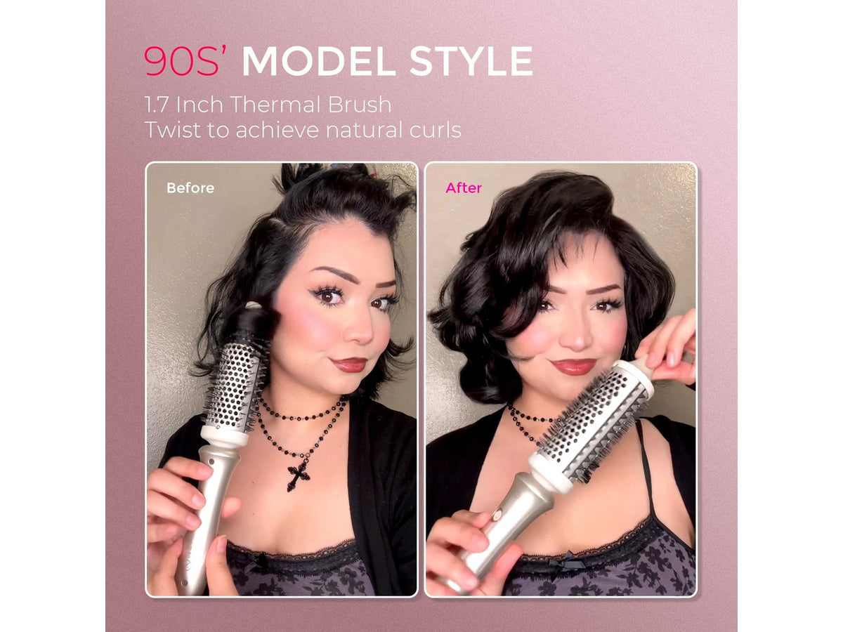 2.0 Thermal Brush Curling Brush - STYLUX 1.7" Blowout Volumizer with Flexi-Fit for Hair Straightening, Heated Round Styler Tool, Hair Straightener and Curler 2 in 1, Dual Voltage & Light, Gold
