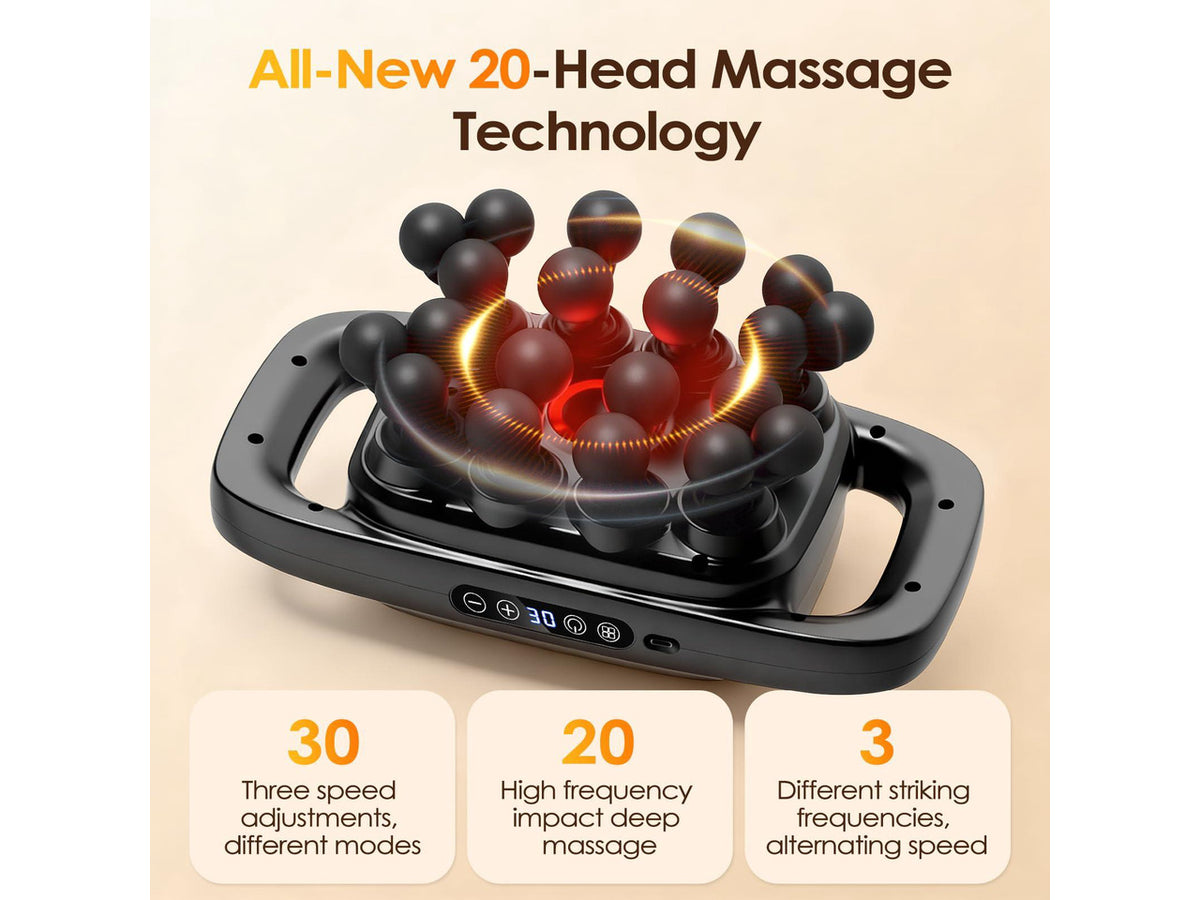 20-Head Massage Gun Set, Deep Tissue Percussion Massager with 3 Modes & 30 Intensities, Muscle Massager Pain Relief Portable Massage Gun for Back/Legs/Waists (Black, 20-Head)