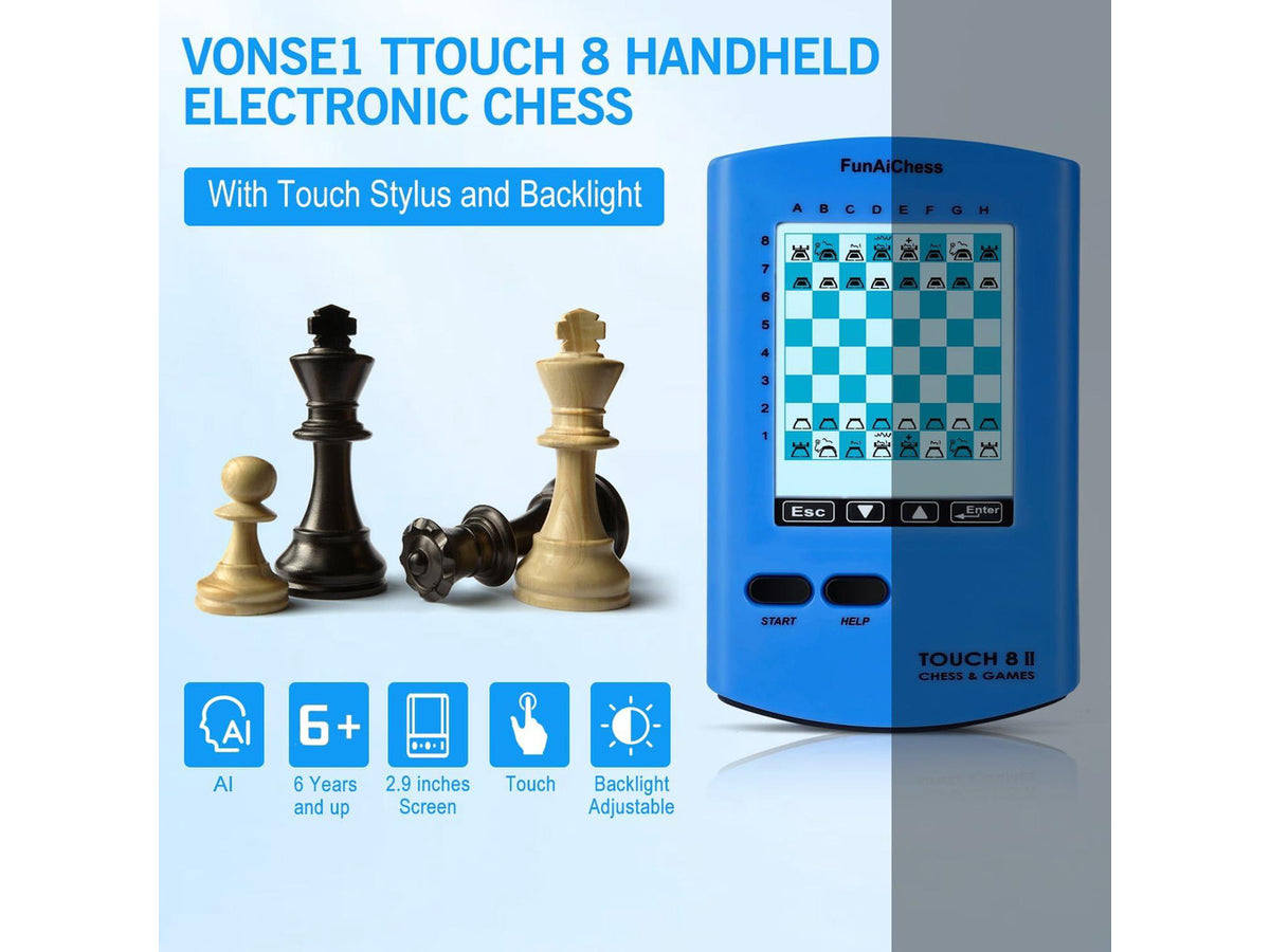 Handheld Electronic Chess Board 8 in 1 Touch Chess Computer Game Portable Electronic Chess Set for Adults, Kids,and Beginners Learn and Travel with Stylus Large LCD Display Gift(Blue)