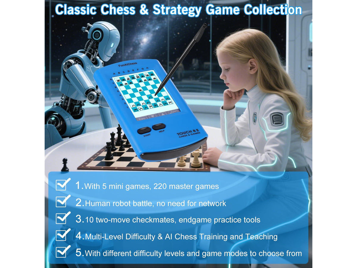 Handheld Electronic Chess Board 8 in 1 Touch Chess Computer Game Portable Electronic Chess Set for Adults, Kids,and Beginners Learn and Travel with Stylus Large LCD Display Gift(Blue)