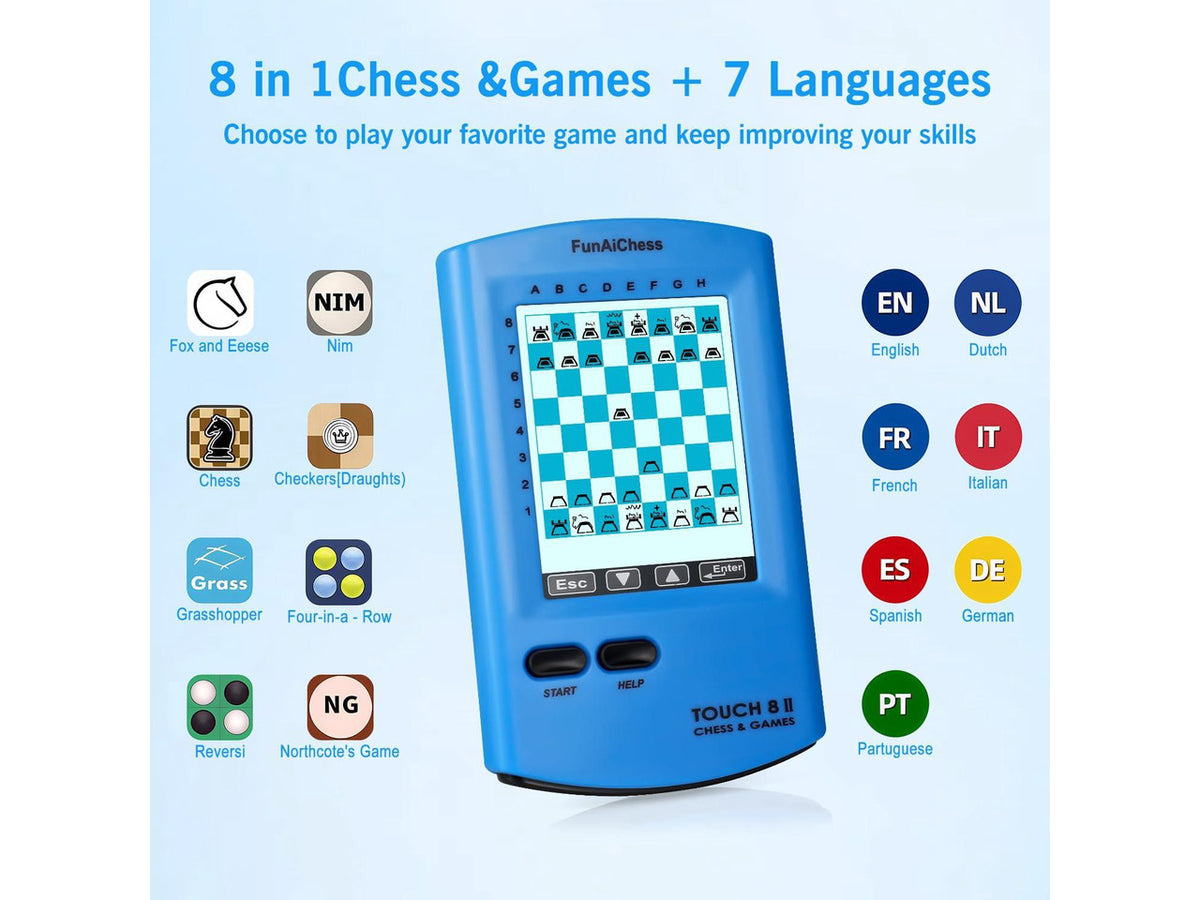 Handheld Electronic Chess Board 8 in 1 Touch Chess Computer Game Portable Electronic Chess Set for Adults, Kids,and Beginners Learn and Travel with Stylus Large LCD Display Gift(Blue)