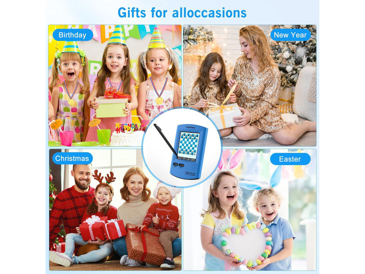 Handheld Electronic Chess Board 8 in 1 Touch Chess Computer Game Portable Electronic Chess Set for Adults, Kids,and Beginners Learn and Travel with Stylus Large LCD Display Gift(Blue)