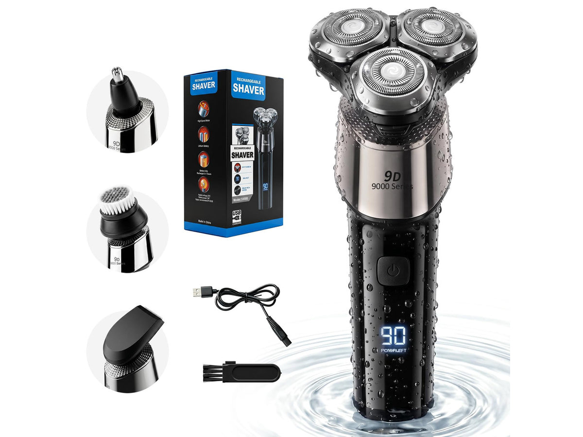 4-en-1 Electric Razor for Men, 9999 RPM High-Speed Electric Shaver with LED Display, 1H Fast Charging, IPX7 Waterproof Razor with Nose Hair Trimmer, Facial Cleansing Brush