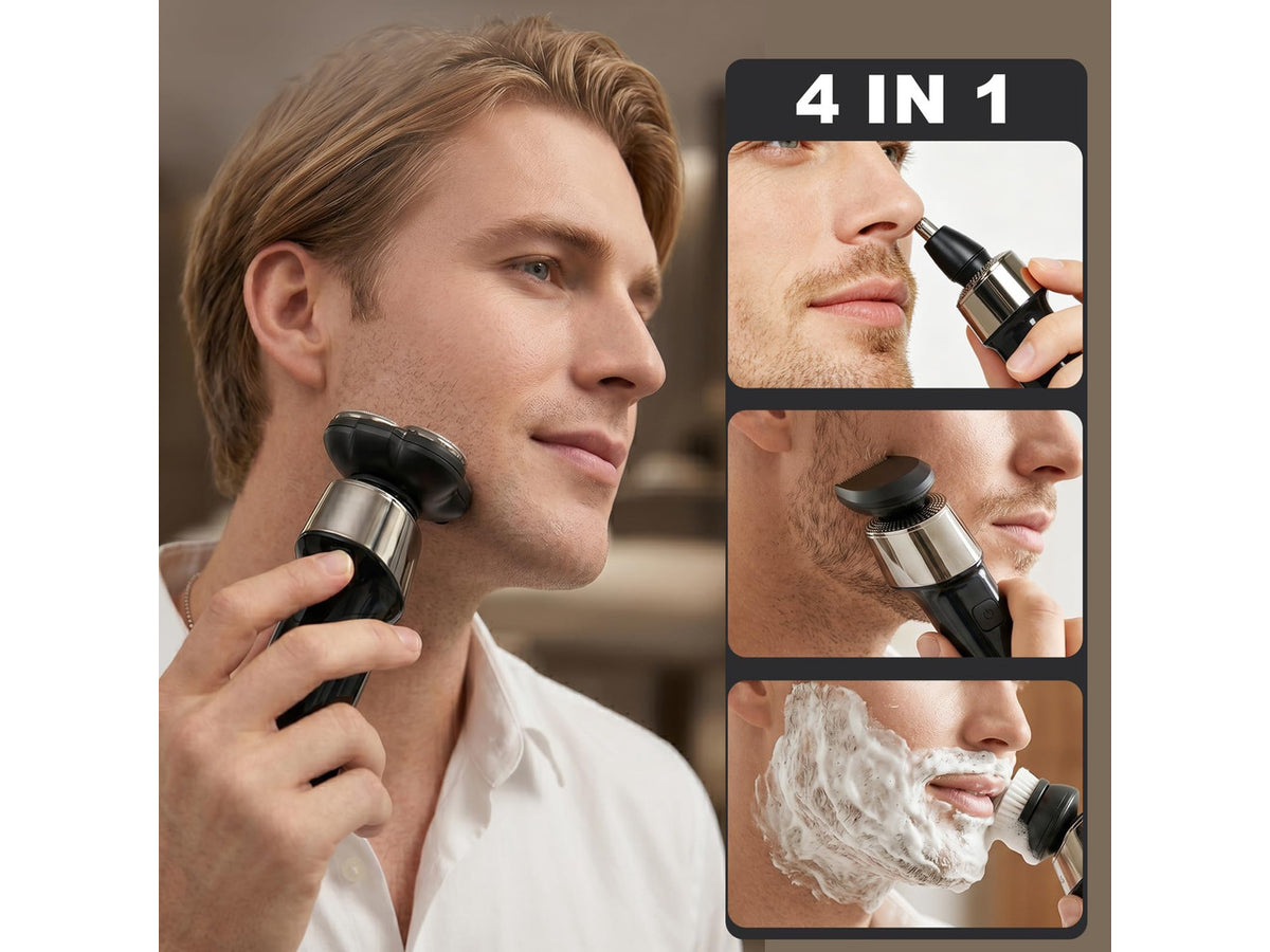4-en-1 Electric Razor for Men, 9999 RPM High-Speed Electric Shaver with LED Display, 1H Fast Charging, IPX7 Waterproof Razor with Nose Hair Trimmer, Facial Cleansing Brush