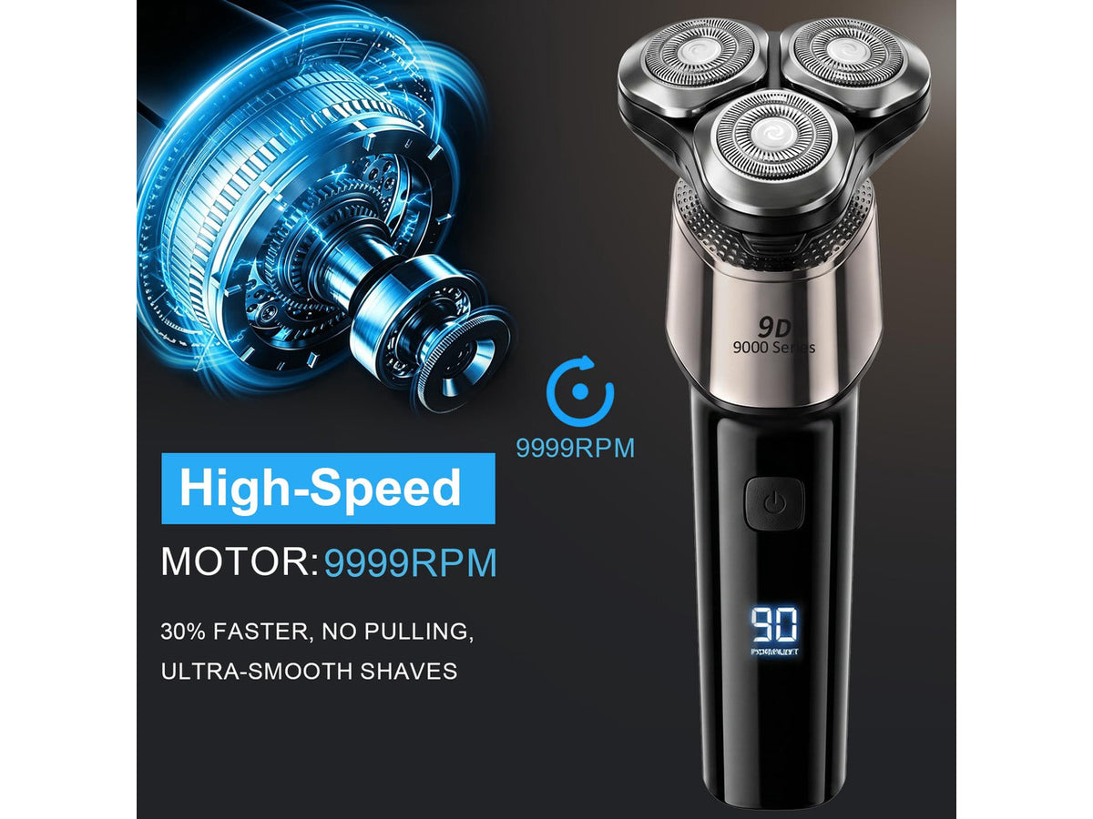 4-en-1 Electric Razor for Men, 9999 RPM High-Speed Electric Shaver with LED Display, 1H Fast Charging, IPX7 Waterproof Razor with Nose Hair Trimmer, Facial Cleansing Brush