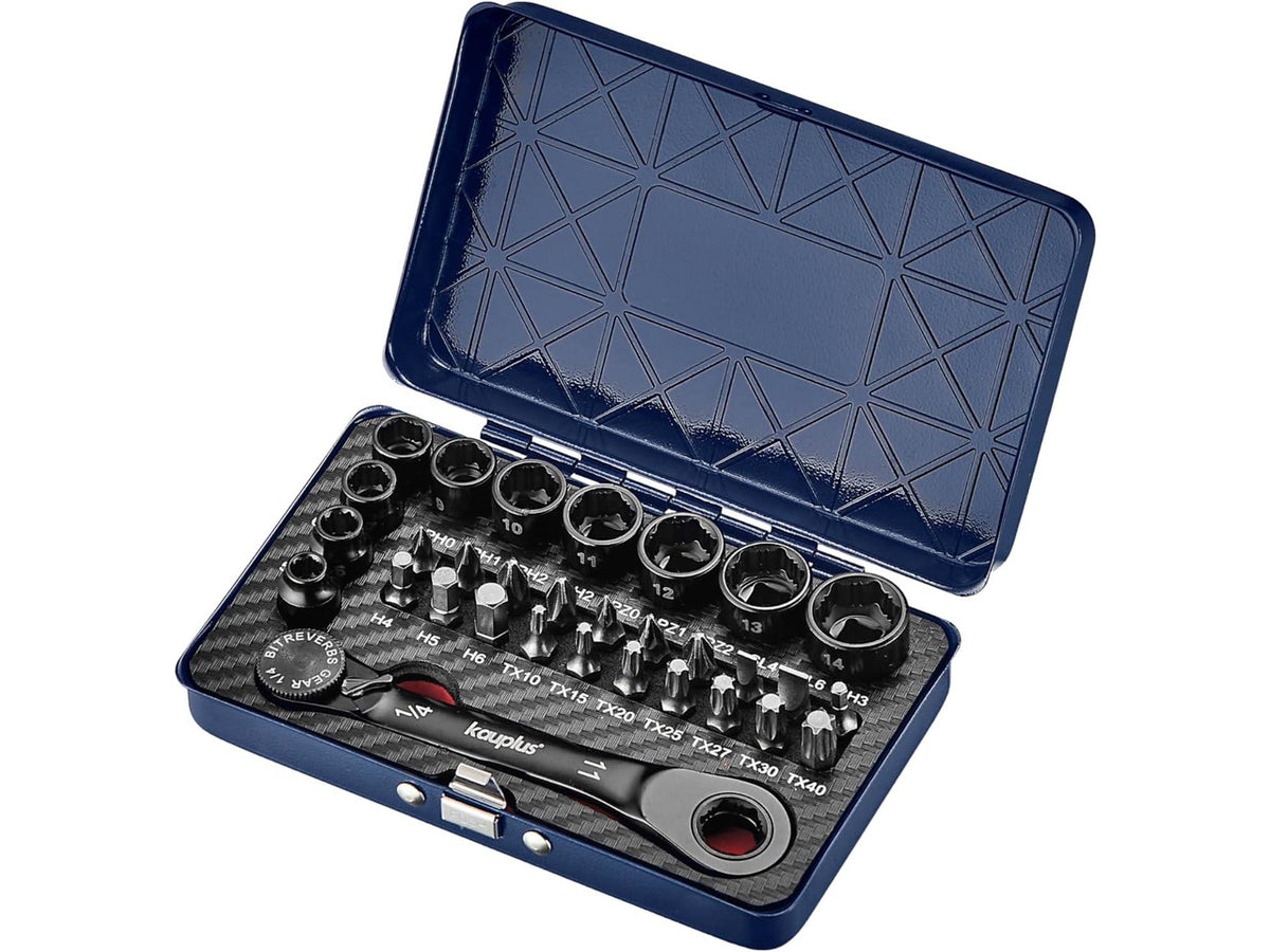 1/4" Mini Reversible Ratchet Wrench Tool Kit 32-PCS Low-Profile Bit Socket Set, Non-Slip Ratcheting Wrench Tool Box, 5MM-14MM
