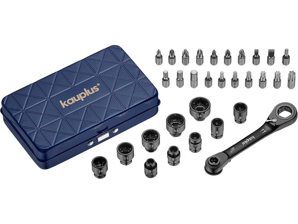 1/4" Mini Reversible Ratchet Wrench Tool Kit 32-PCS Low-Profile Bit Socket Set, Non-Slip Ratcheting Wrench Tool Box, 5MM-14MM