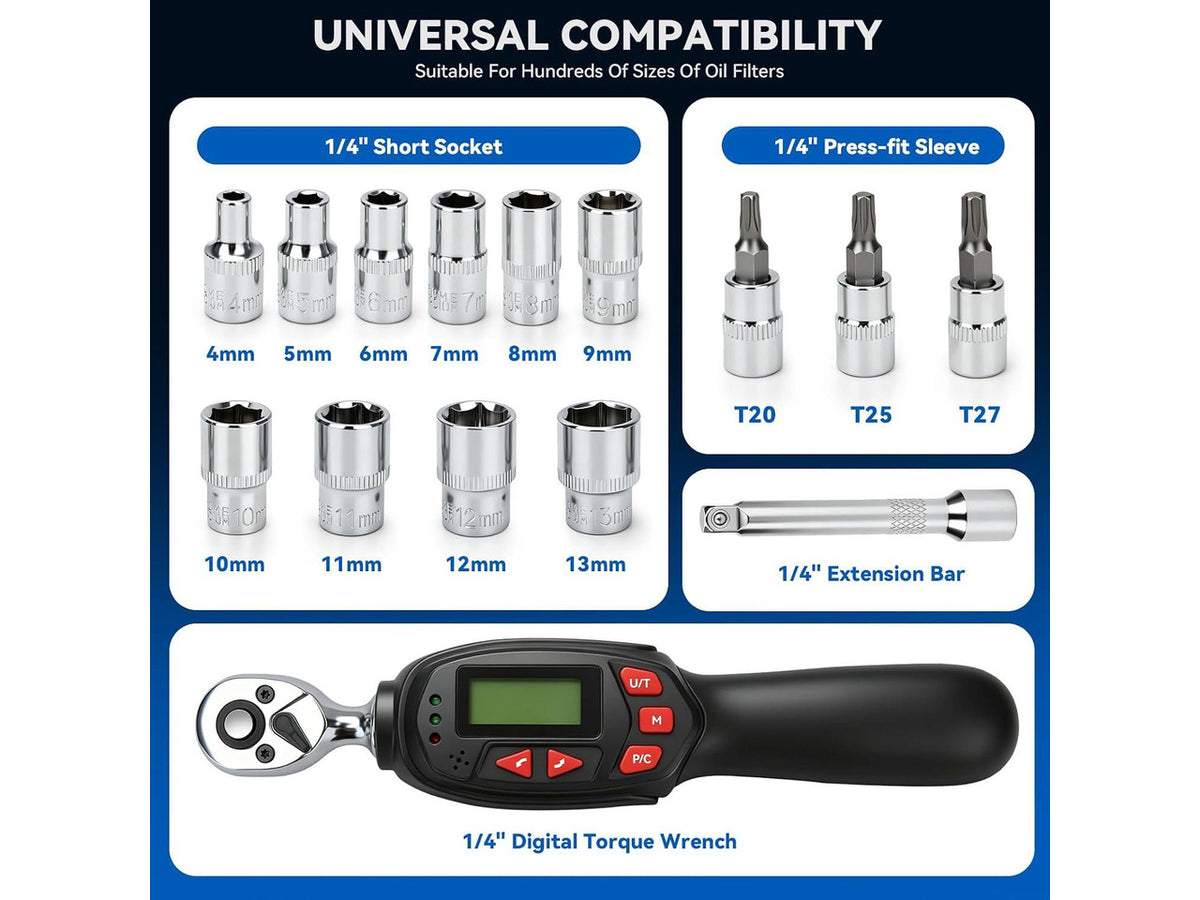 1/4" Digital Torque Wrench Set, 5-25 N.m, 13-Piece Sockets & Extension Bar