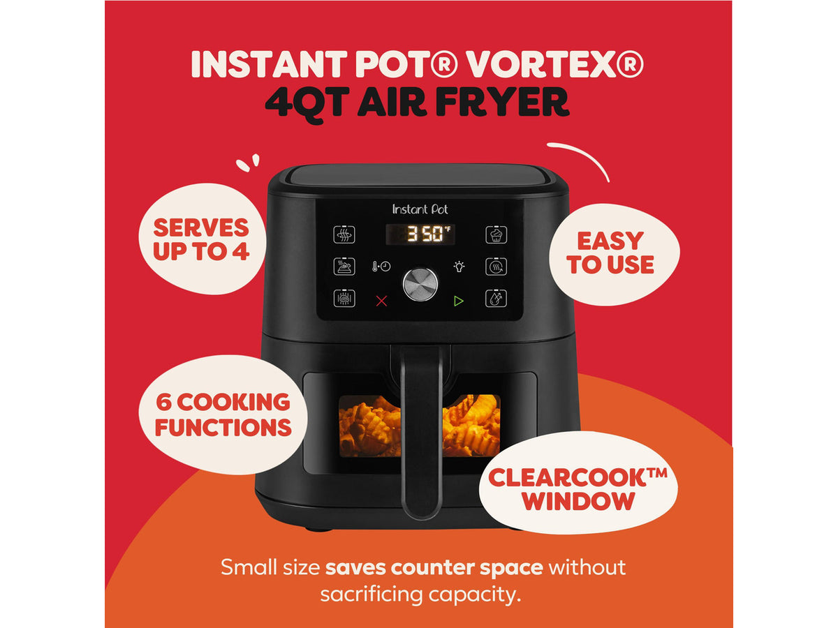 4Qt Vortex 6-in-1 Mini Air Fryer, Custom Program Options, Air Fry, Broil, Roast, Dehydrate, Bake, Reheat, Black, 4 Quarts