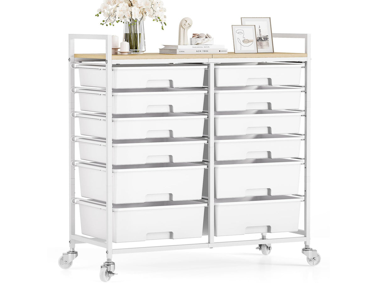 12 Drawers Rolling Storage Cart with Wooden Top for Classroom,White | Teacher Cart Craft Art Supply Organizer, Utility Cart with Lockable Wheels for Home Household Essentials, Office Organization