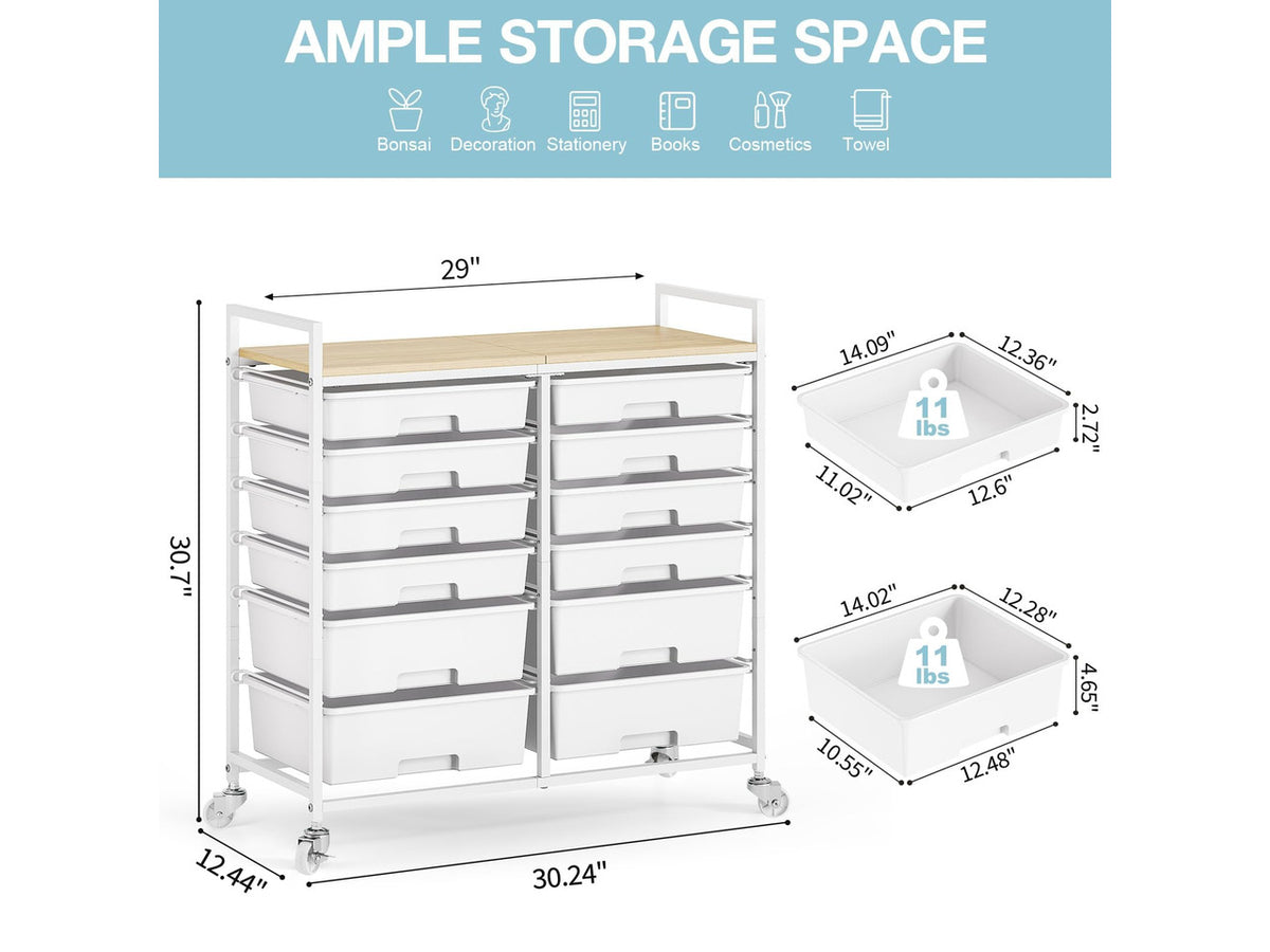 12 Drawers Rolling Storage Cart with Wooden Top for Classroom,White | Teacher Cart Craft Art Supply Organizer, Utility Cart with Lockable Wheels for Home Household Essentials, Office Organization
