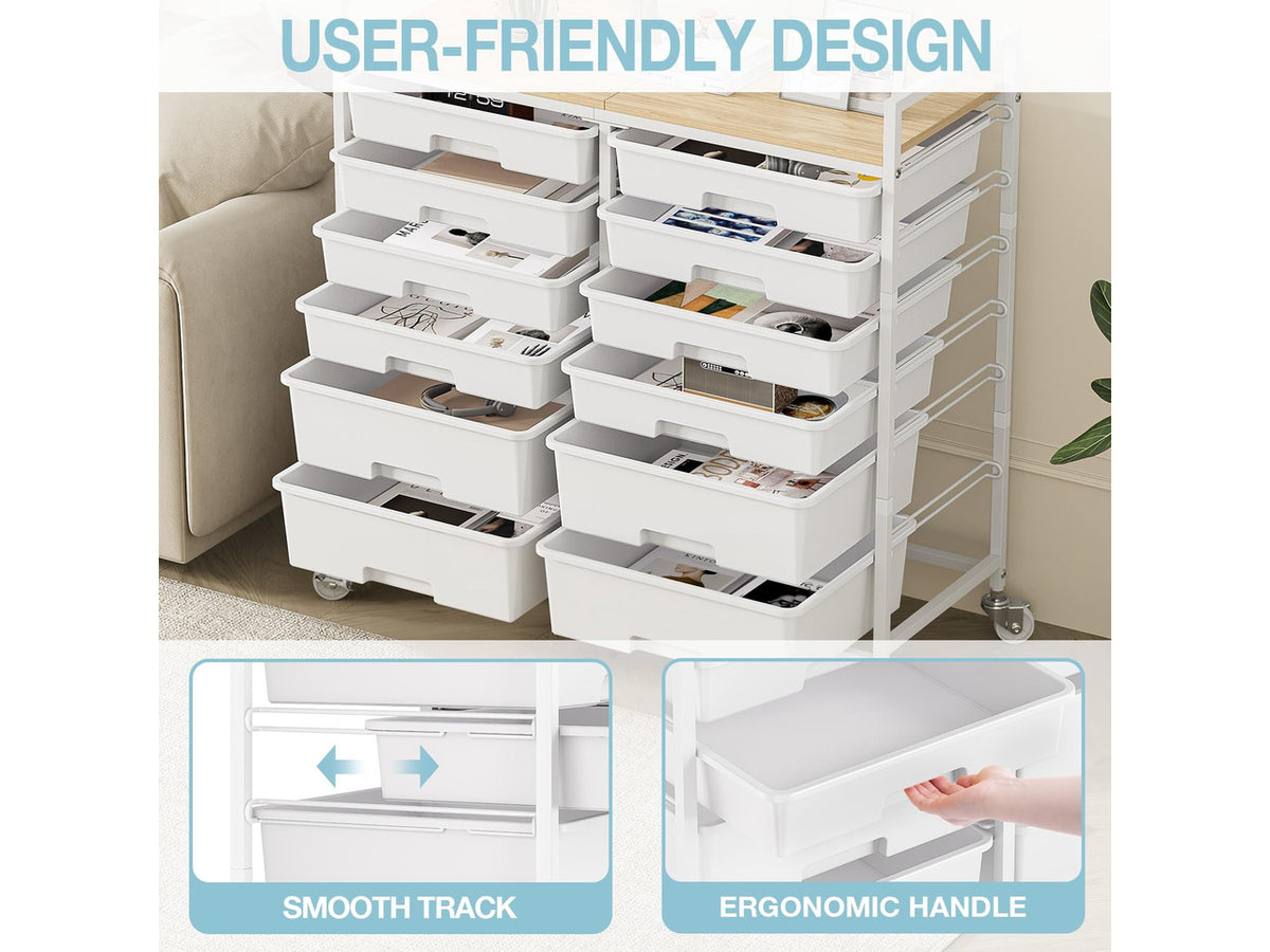 12 Drawers Rolling Storage Cart with Wooden Top for Classroom,White | Teacher Cart Craft Art Supply Organizer, Utility Cart with Lockable Wheels for Home Household Essentials, Office Organization