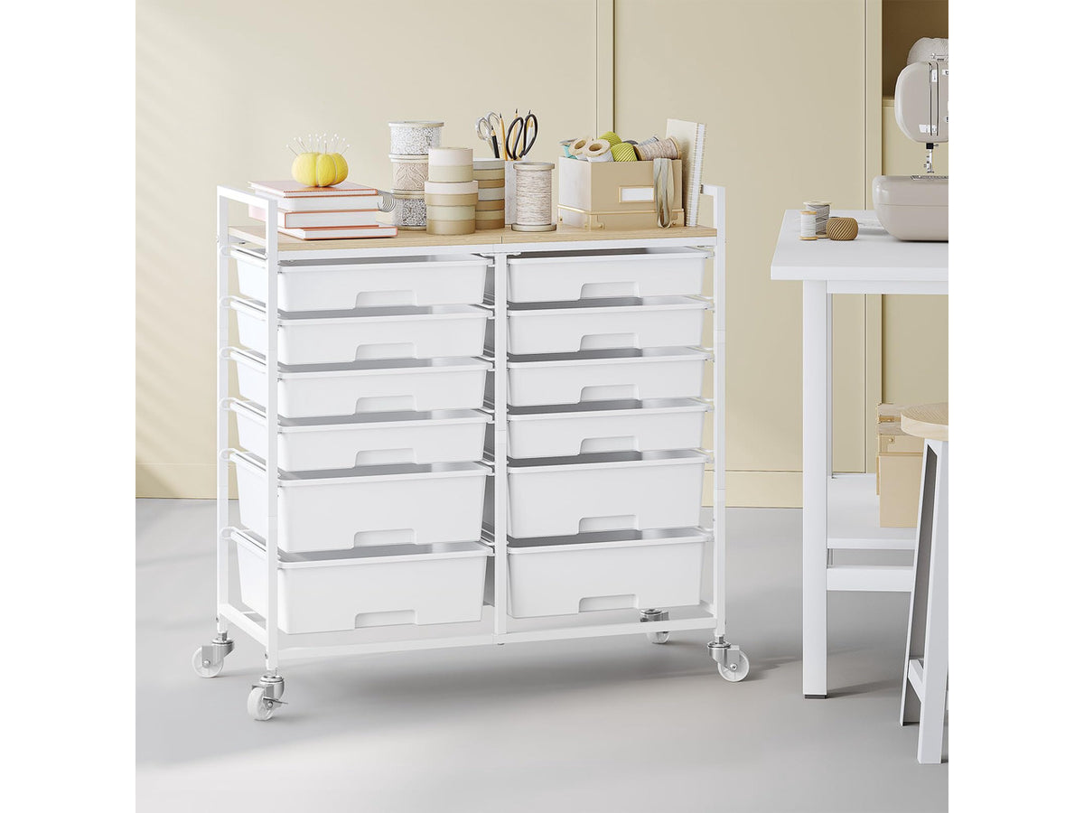 12 Drawers Rolling Storage Cart with Wooden Top for Classroom,White | Teacher Cart Craft Art Supply Organizer, Utility Cart with Lockable Wheels for Home Household Essentials, Office Organization