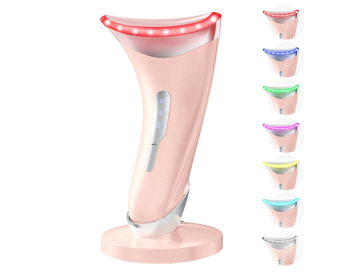 7 Color Light Therapy Facial Massager with Adjustable Vibration and Thermals for Wrinkles, Double Chin, Red Light Skin Care Tool with Base, Pink