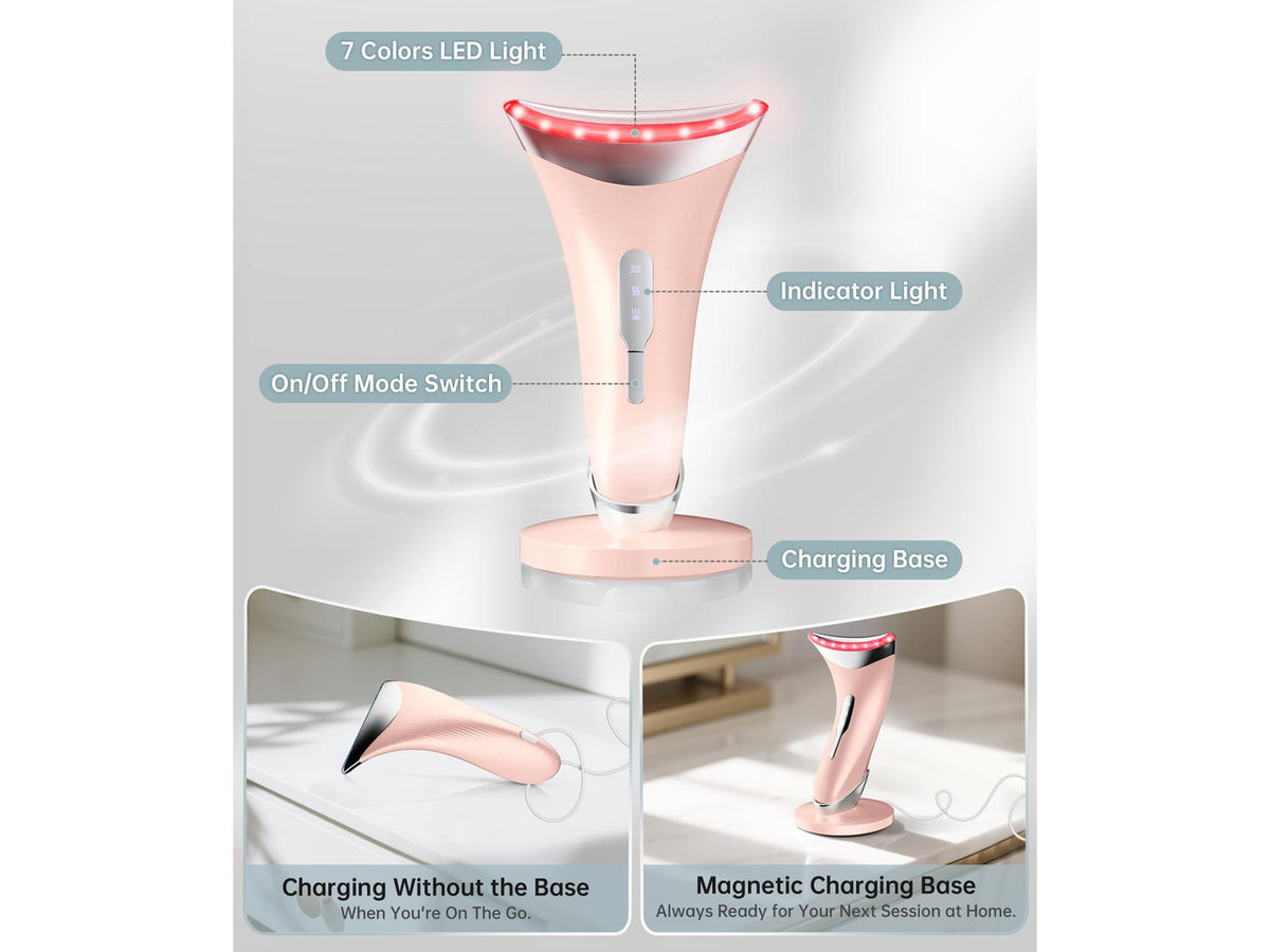 7 Color Light Therapy Facial Massager with Adjustable Vibration and Thermals for Wrinkles, Double Chin, Red Light Skin Care Tool with Base, Pink