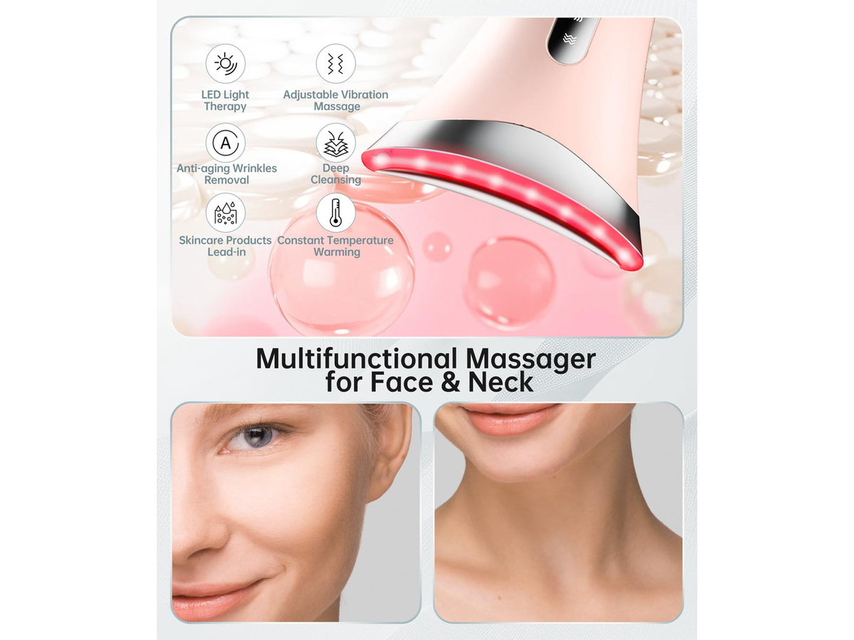7 Color Light Therapy Facial Massager with Adjustable Vibration and Thermals for Wrinkles, Double Chin, Red Light Skin Care Tool with Base, Pink