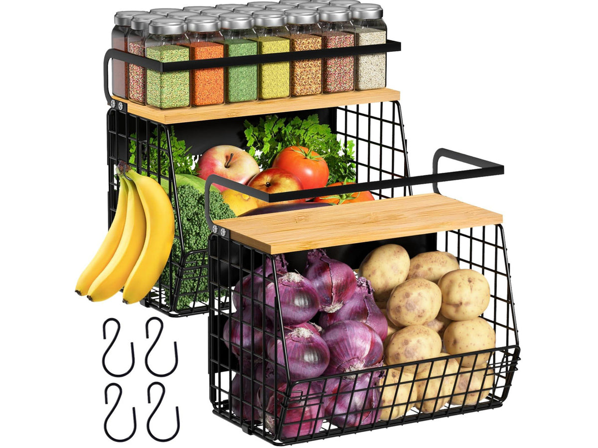 2 Set Magnetic Shelf for Refrigerator with Wood Lid, Fruit Potato & Onion Storage Bins, Pantry Organizers & Storage, Large Container Magnetic Spice Rack for Refrigerator, Kitchen Counter, Cabinet