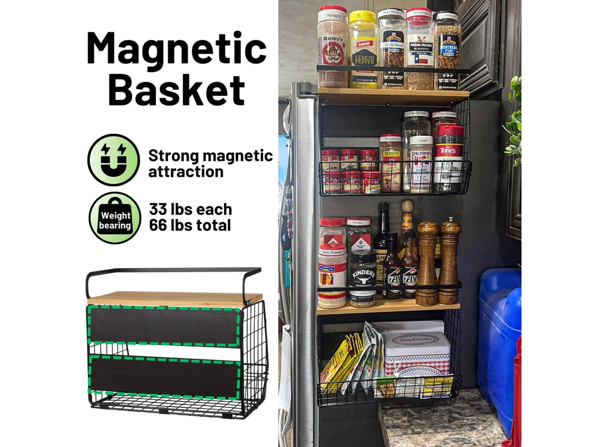 2 Set Magnetic Shelf for Refrigerator with Wood Lid, Fruit Potato & Onion Storage Bins, Pantry Organizers & Storage, Large Container Magnetic Spice Rack for Refrigerator, Kitchen Counter, Cabinet