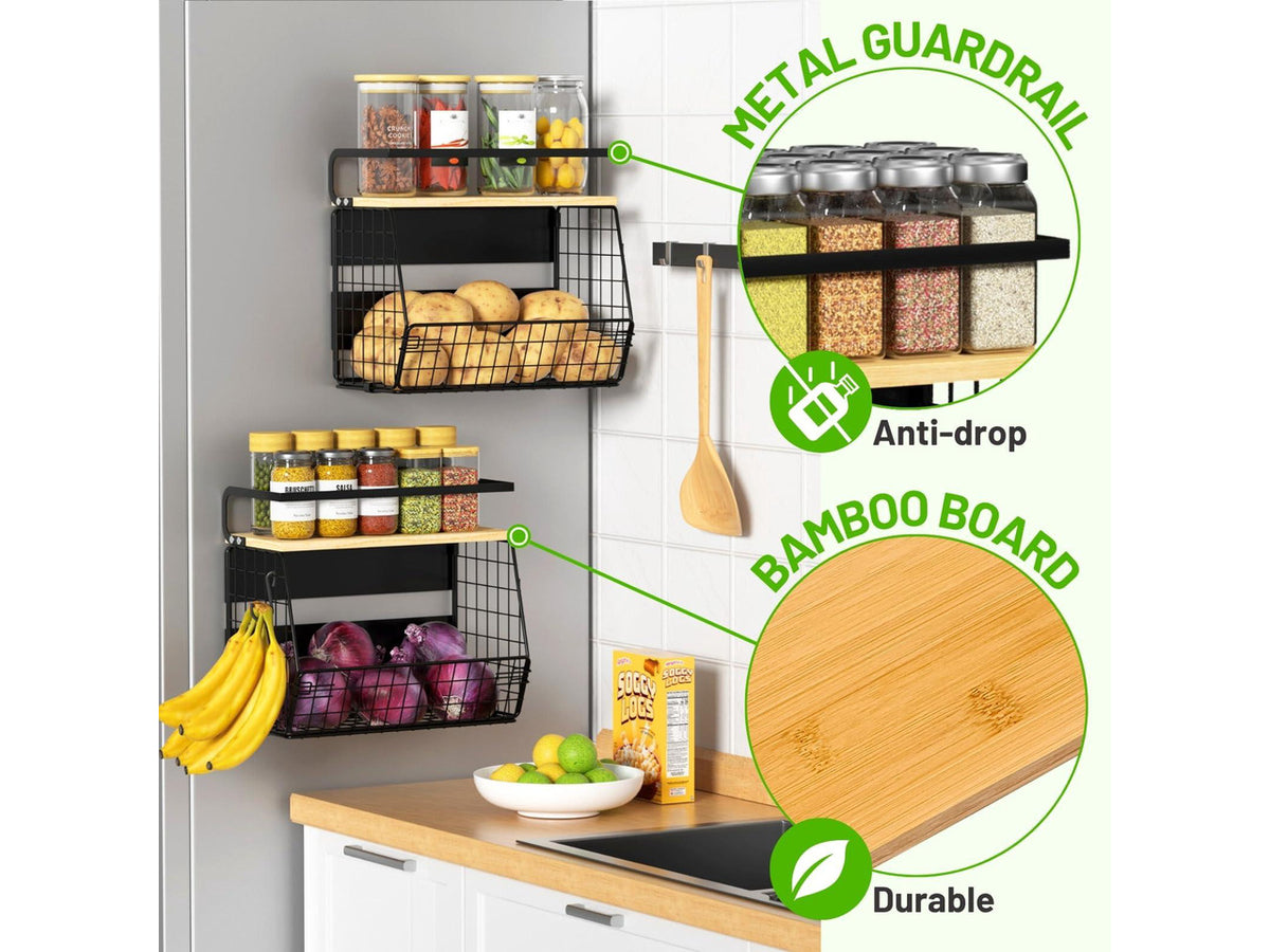 2 Set Magnetic Shelf for Refrigerator with Wood Lid, Fruit Potato & Onion Storage Bins, Pantry Organizers & Storage, Large Container Magnetic Spice Rack for Refrigerator, Kitchen Counter, Cabinet