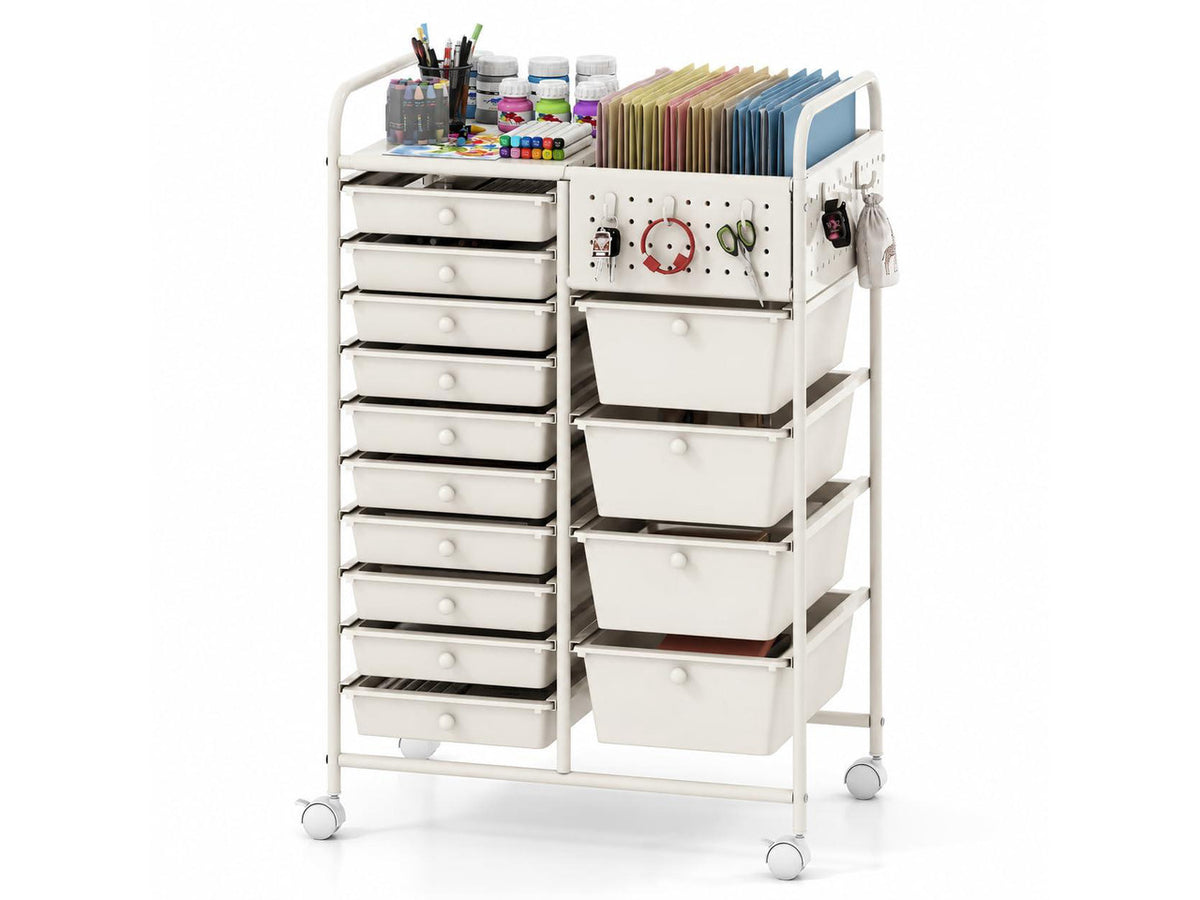 14 Drawer Storage Cart, Rolling Craft Cart with Metal Tabletop & Pegboard, Mobile Utility Organizer Trolley with Locking Wheels, Home Office, Ivory